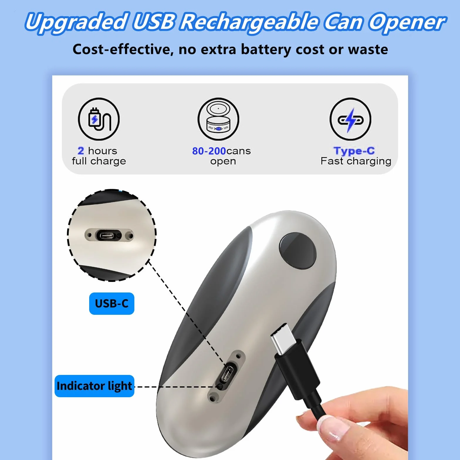 Abrelatas eléctrico, abridor de tarros eléctrico recargable por USB, dispositivo de cocina, funcionamiento automático de un solo toque, abrelatas a pilas con borde liso para personas mayores