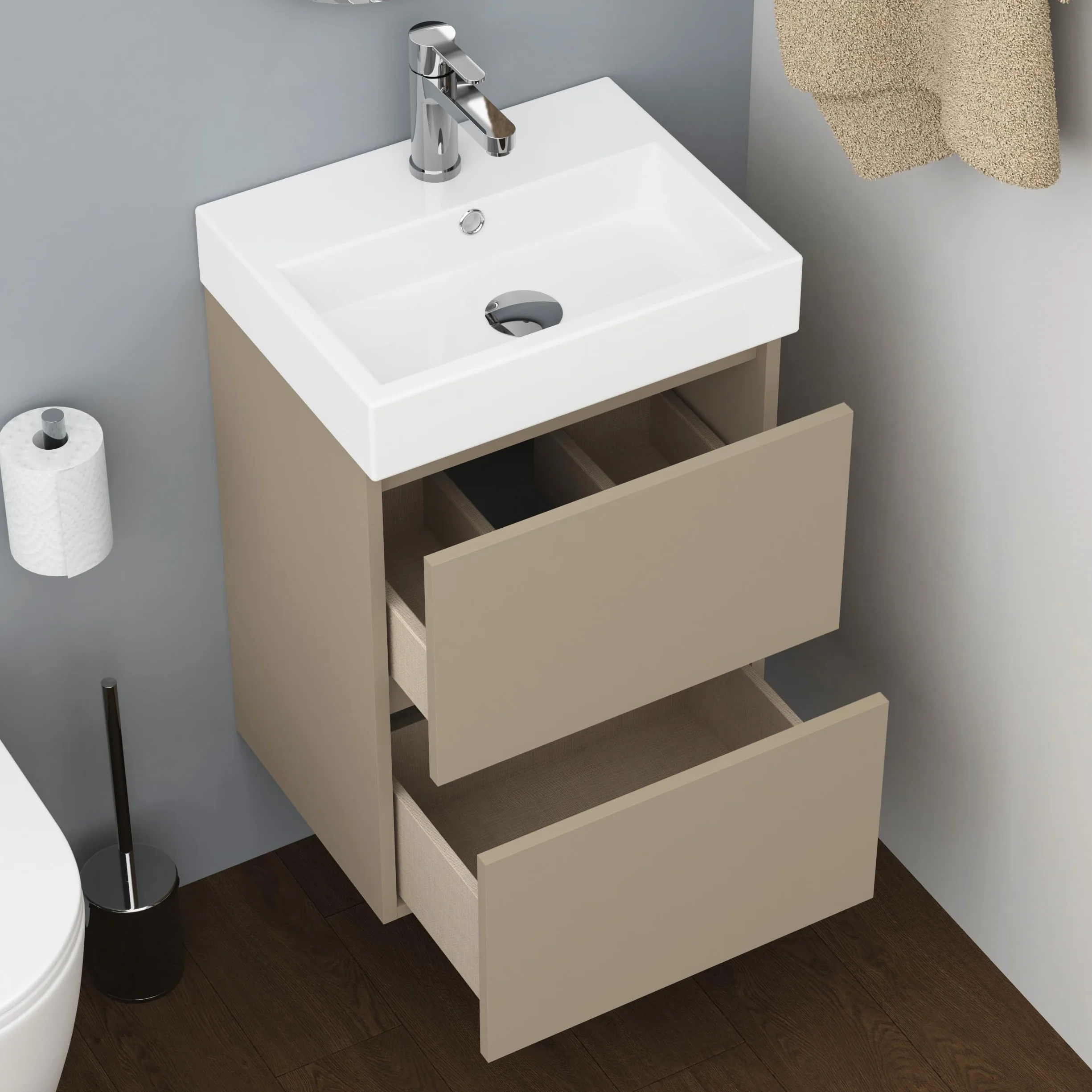 Baikal Mueble de Baño Nix. Mueble MONTADO. 2 Cajones Suspendido con Lavabo. Armario de Baño. Lavabo Ceramico. 45cm Fango.
