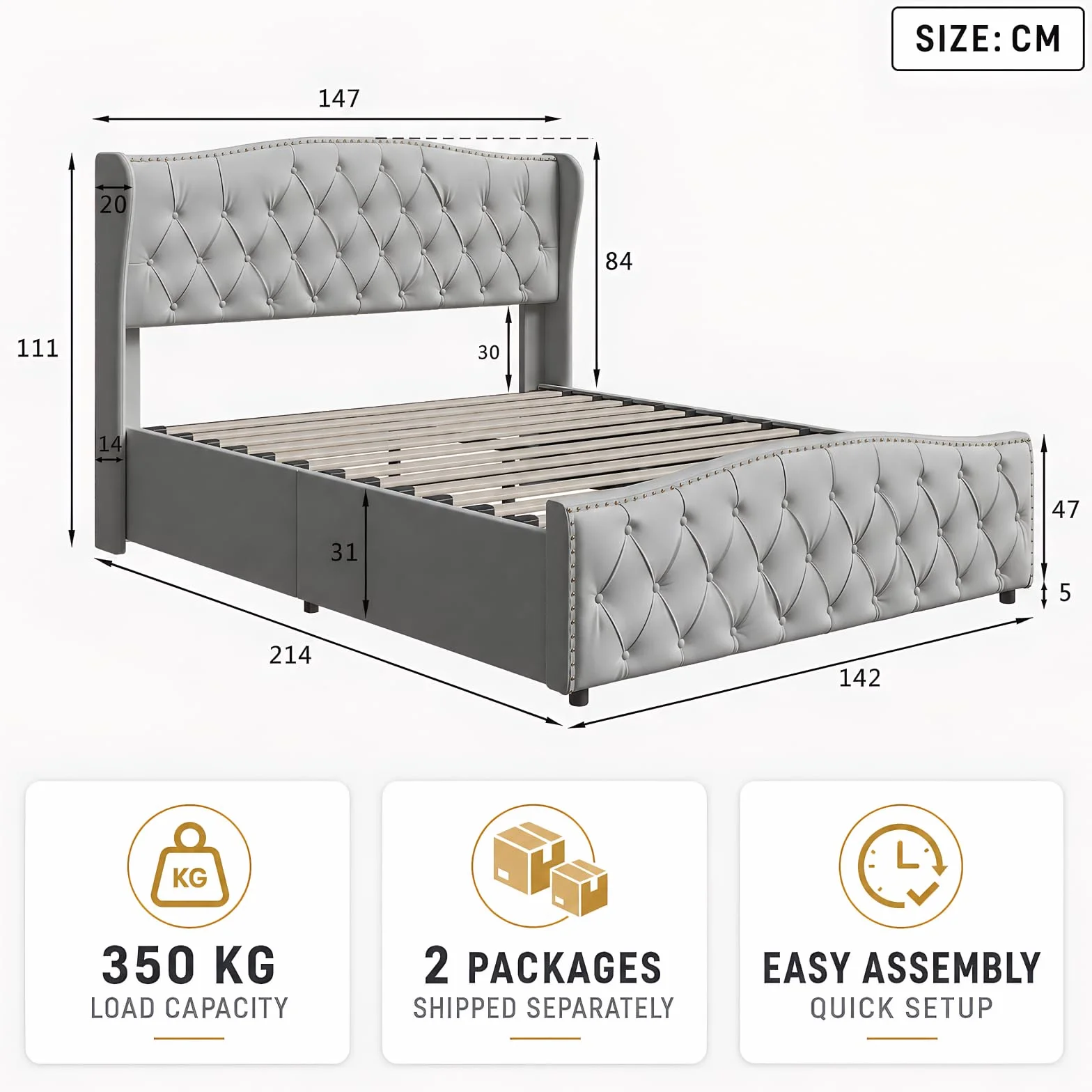 BRILVERDE Cama Tapizada 140x200 con Almacenaje, Cama matrimonial, Cabecero Acolchado y Base de Láminas, Terciopelo (Gris, 140 x 200 cm)