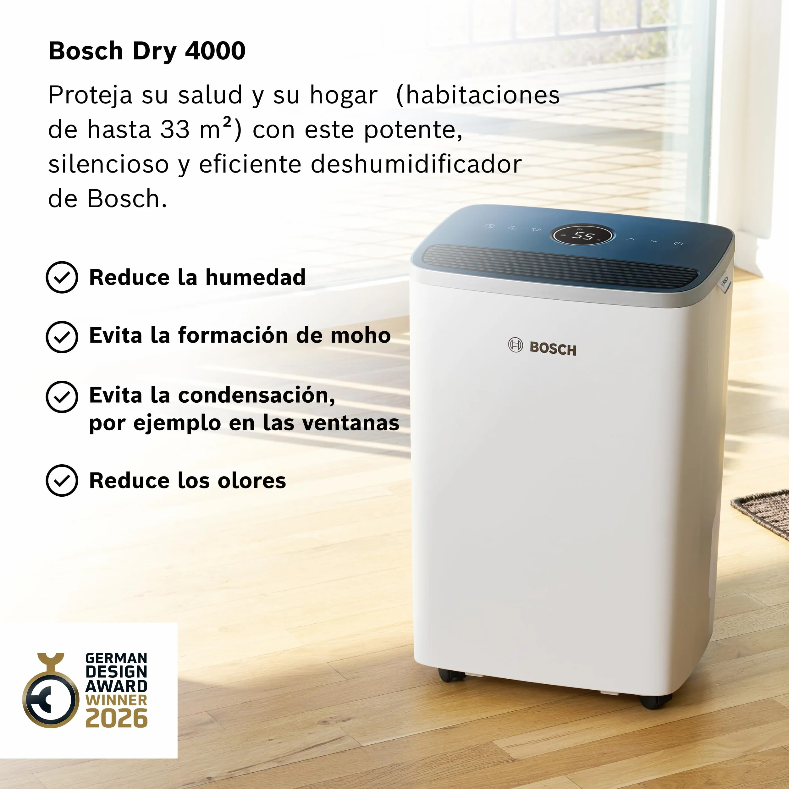Bosch Deshumidificador Dry 4000 - Fácil. Eficiente. Silencioso. Para tu Hogar y Dormitorio - Para Habitaciones de hasta 33 m² - Secado Rápido para tu Colada