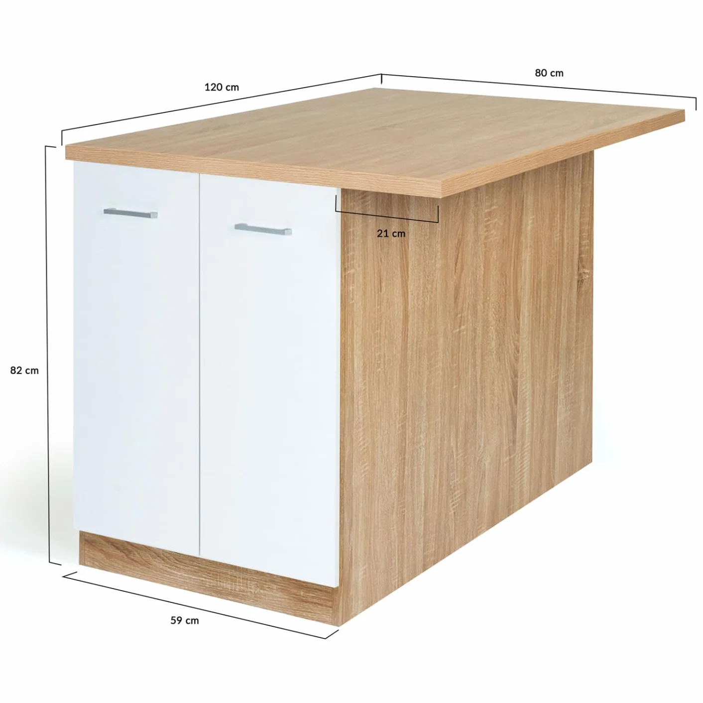 IDMarket - Ilot Central IVO 120 cm madera forma haya puertas blancas con encimera