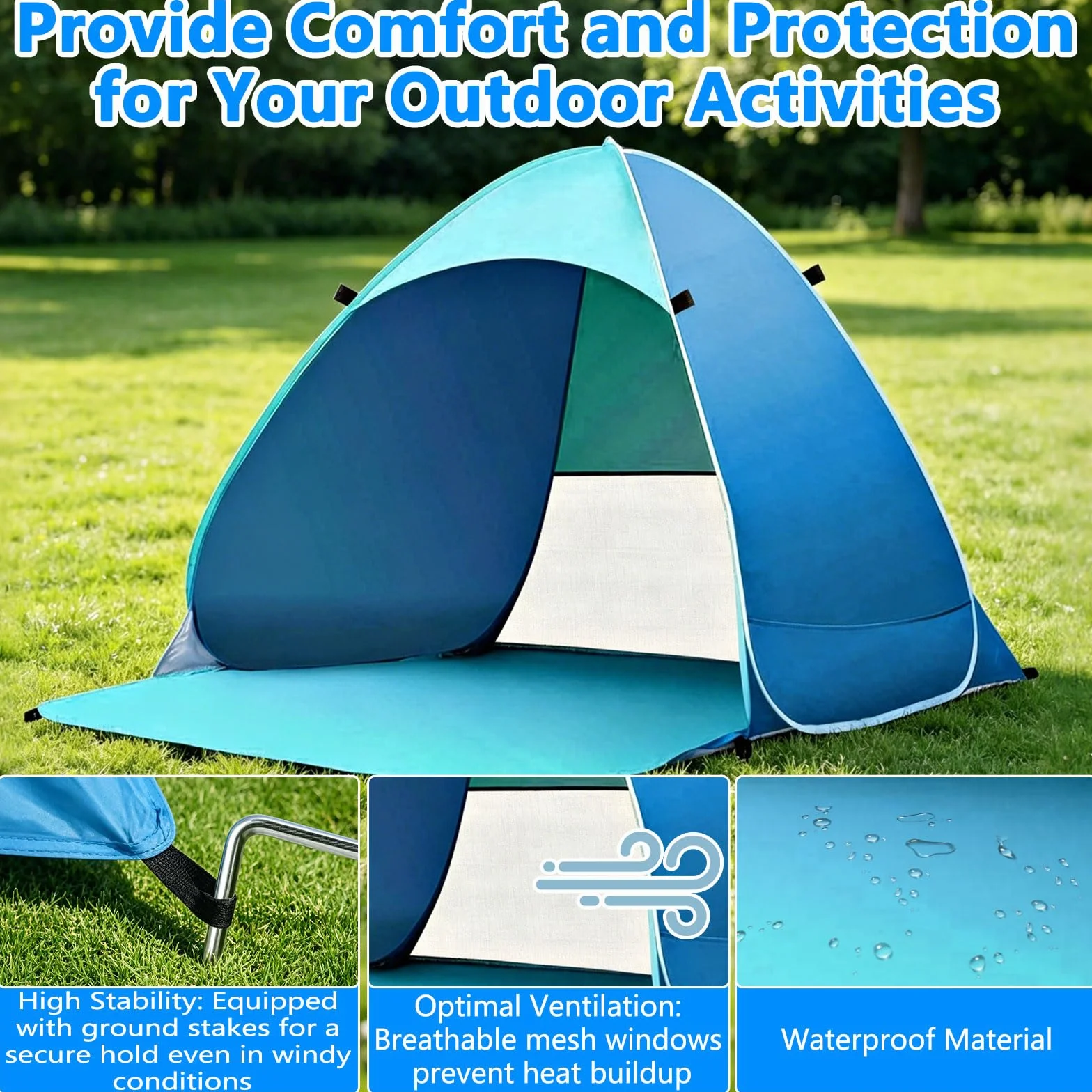 Carpa Playa Pop Up UV 50+ Protección Viento 1-3 Personas Bolsas Almacenamiento Clavos Suelo Azul