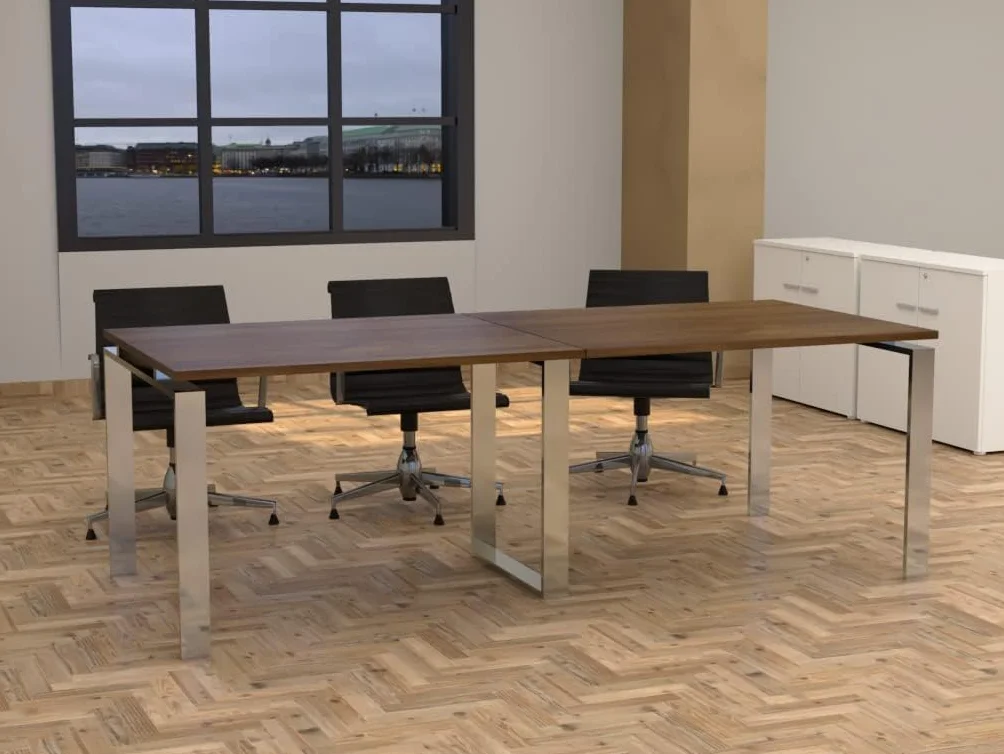 Mesa con Estructura metálica Marco Abierto Efecto Cromo de 240x100, con pata retranqueada y Tablero melaminado Ideal para Sala de Juntas, reuniones, conferencias (Nogal)