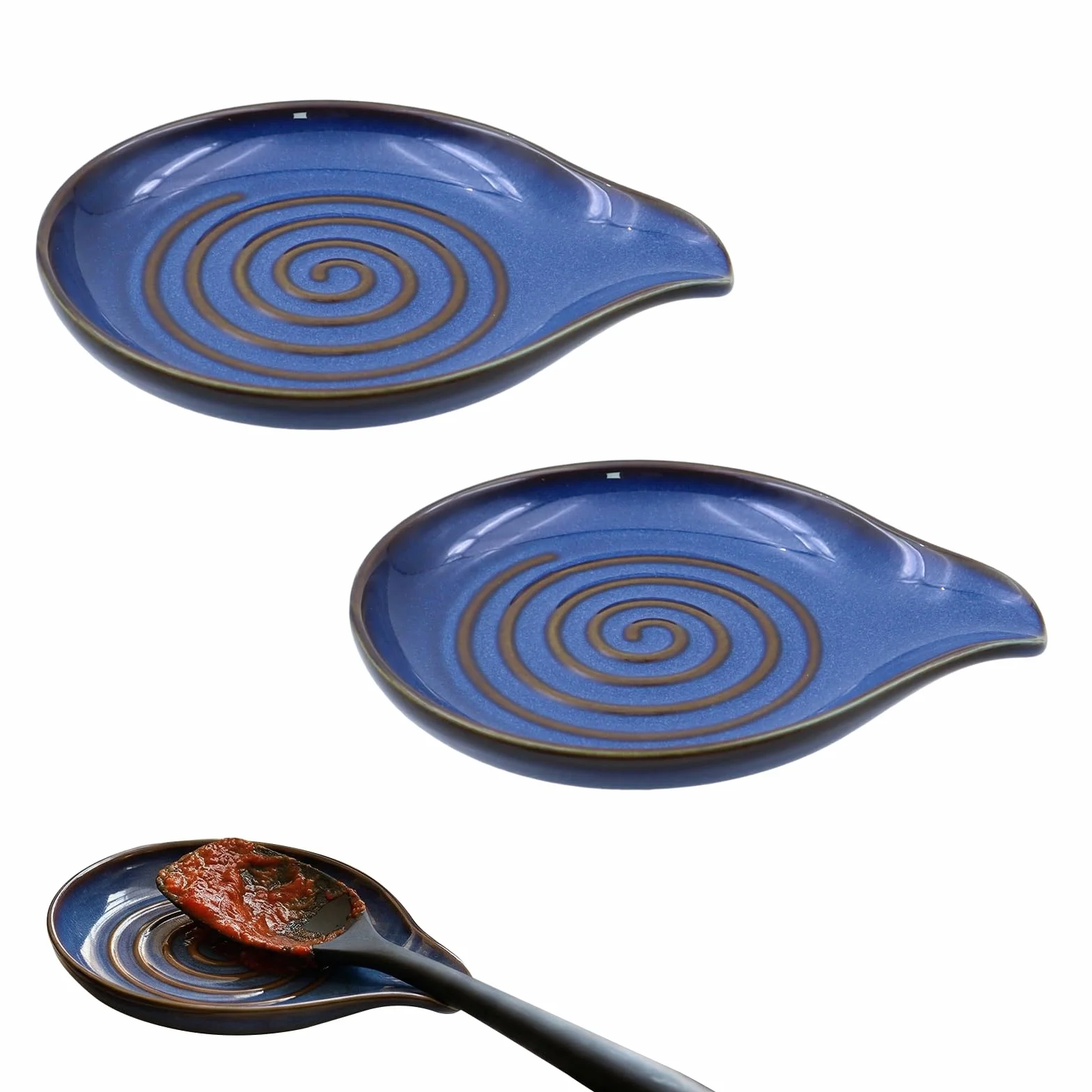 2 Piezas Reposa Cucharas Cocina Cerámica Apoya Cucharas Cocina con Patrón en Espiral Natural Azul Soporte de Cuchara de Cerámica Reposacucharas para Cucharas Espátulas Apto para Lavavajillas