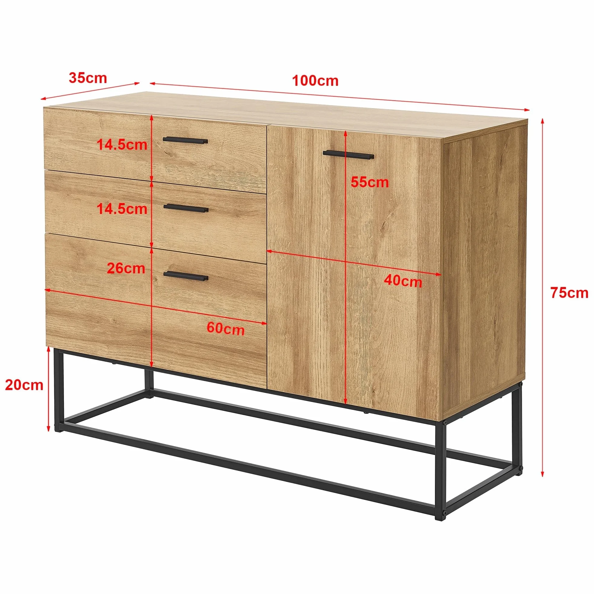 [en.casa] Aparador Lavangen Mueble de Salón con 3 Cajones y 1 Estante Regulable en Altura Estructura de Metal 75 x 100 x 35 cm - Efecto Roble y Negro