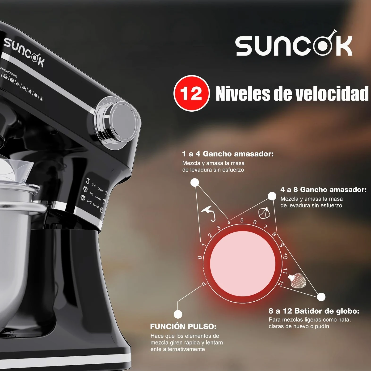 Batidora Amasadora 1500W, 2 Cubetas de Acero Inoxidable (4,5L/5,5L), 12 Velocidades, Fermentación/Calentamiento, Báscula, Temporizador, Bajo Ruido, 3 Accesorios de Mezcla (B03B, B03B-negro)