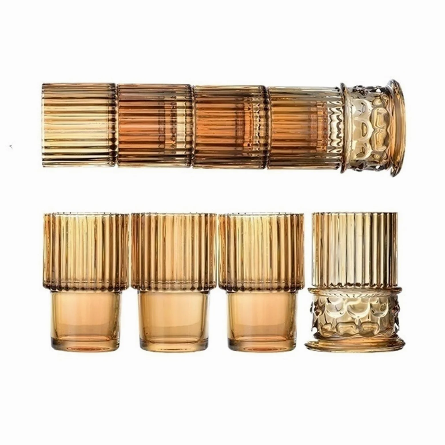vasos de vidrio Juego de 4 vasos color ámbar, vidrio apilables con forma columna romana y relieve Cristalería de cocina