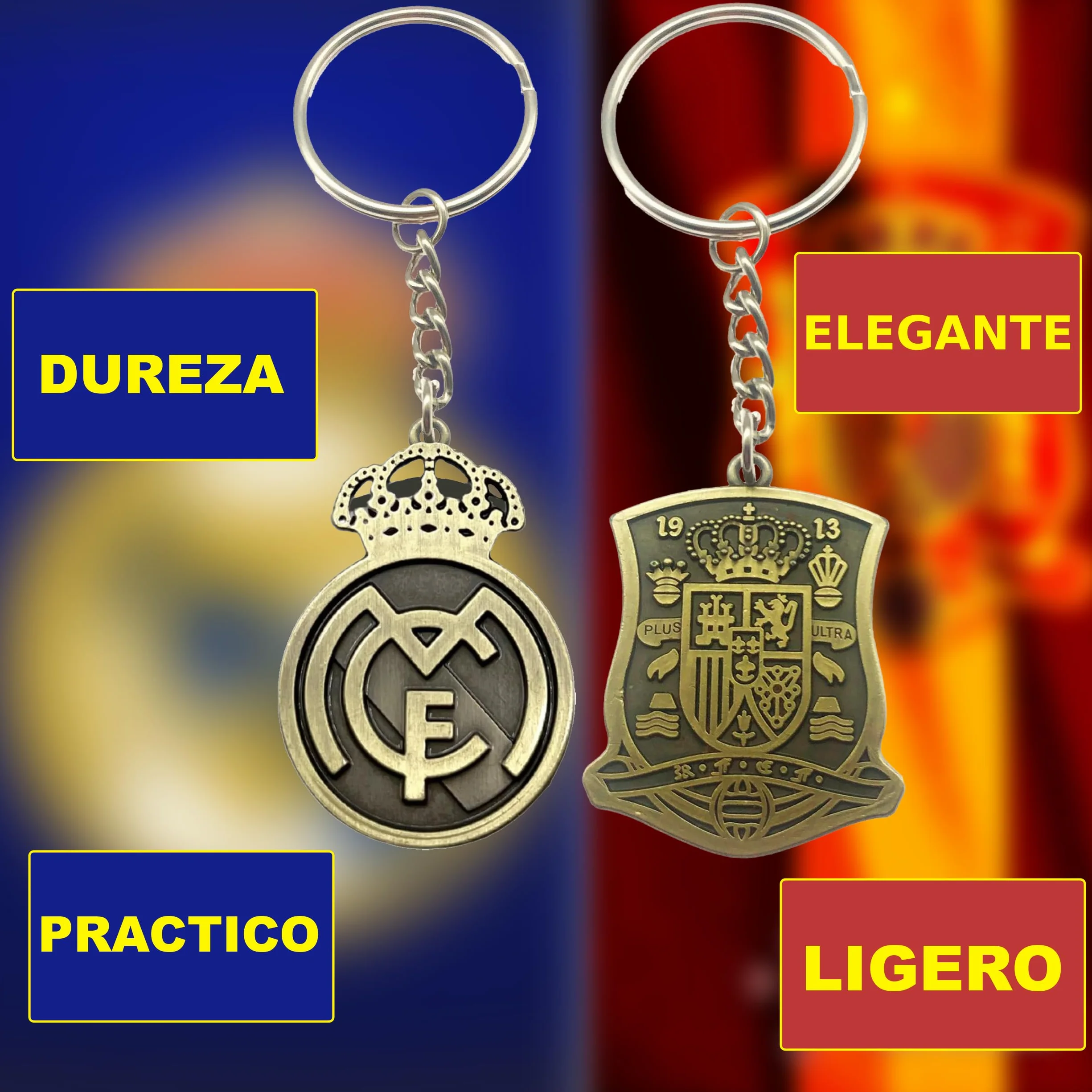 Pack 2 Llavero Real Madrid España Dorados Metálicos para Aficionados del Fútbol Regalo Hombre Mujer