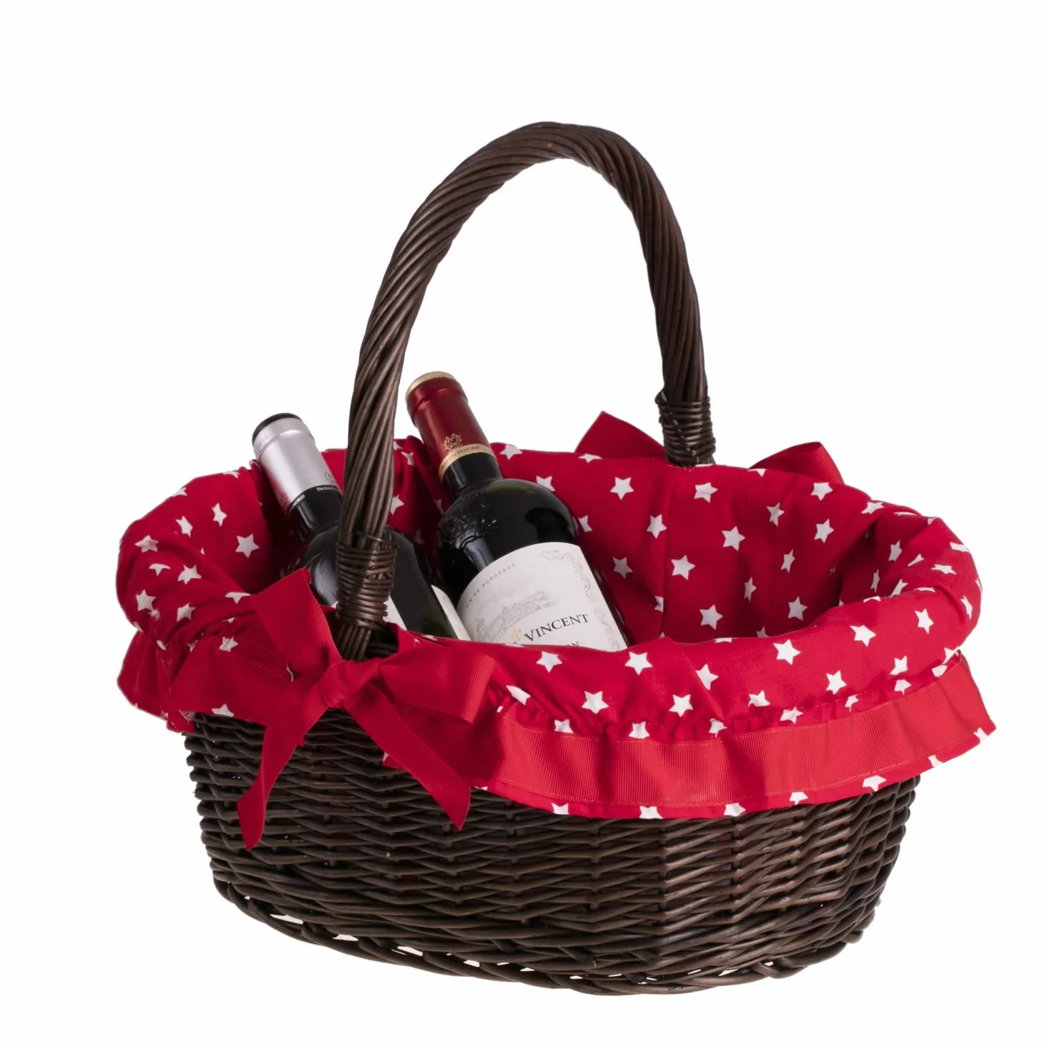 Expositor, cesta de mimbre con asa, cesta de mimbre góndola de la compra con una funda extraíble rojo marrón grisáceo estampado pequeñas estrellas blancos