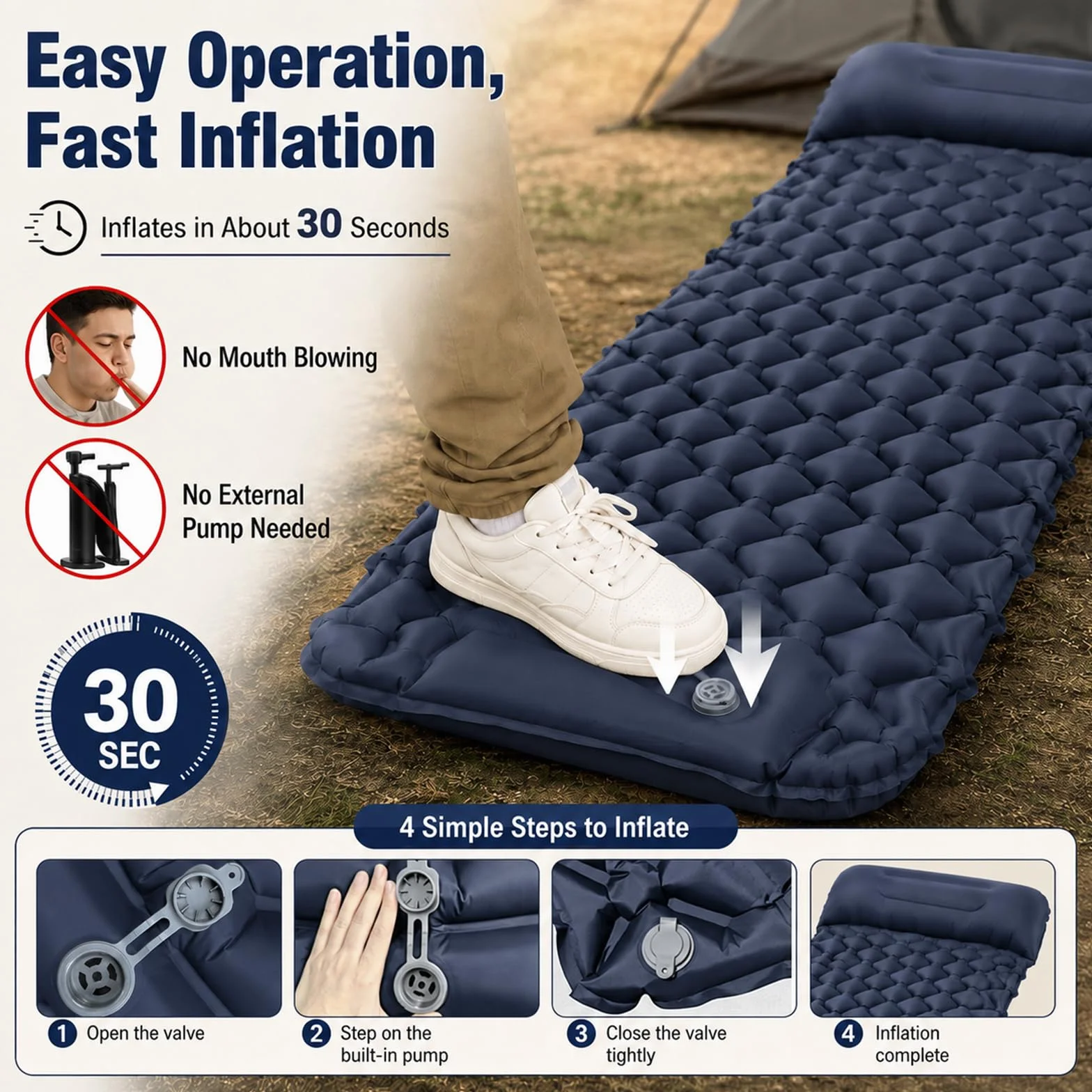 Esterilla Camping Autohinchable Individual con Almohada y Bomba de Pie Ultraligero Plegable Azul Marino
