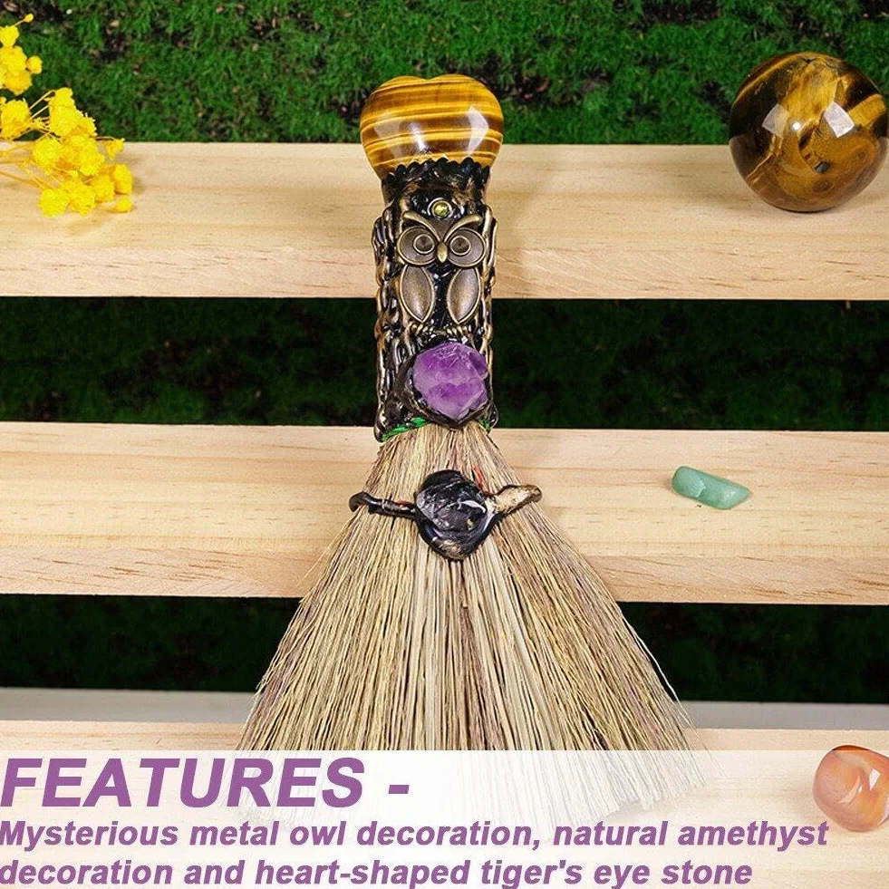 Mini Escoba de Altar de Bruja de Cristal Natural - Pequeño Palo Hecho a Mano para Ritual Wicca - Decoración de Halloween para Hogar y Coche