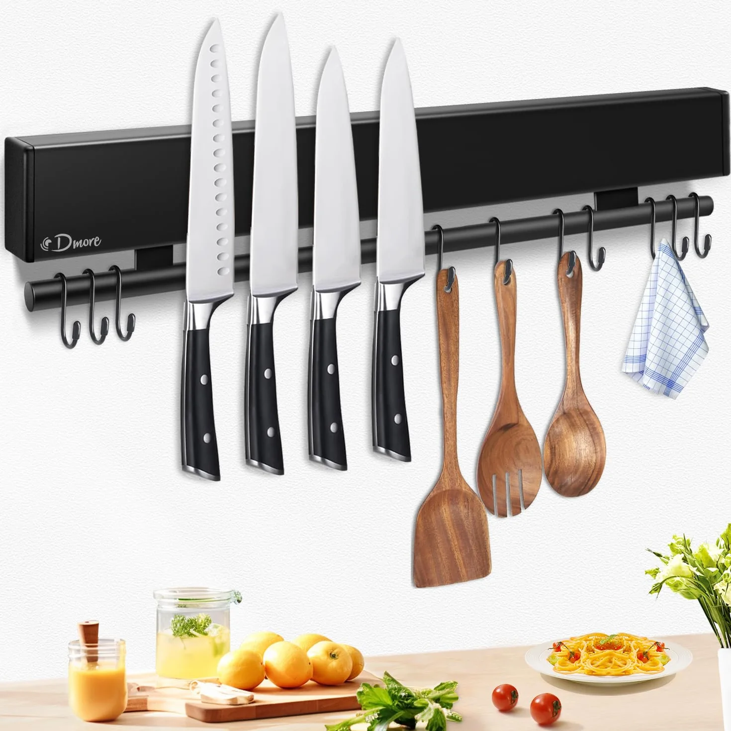 Dmore Barra magnética para cuchillos 43 cm negra con 10 ganchos, soporte autoadhesivo