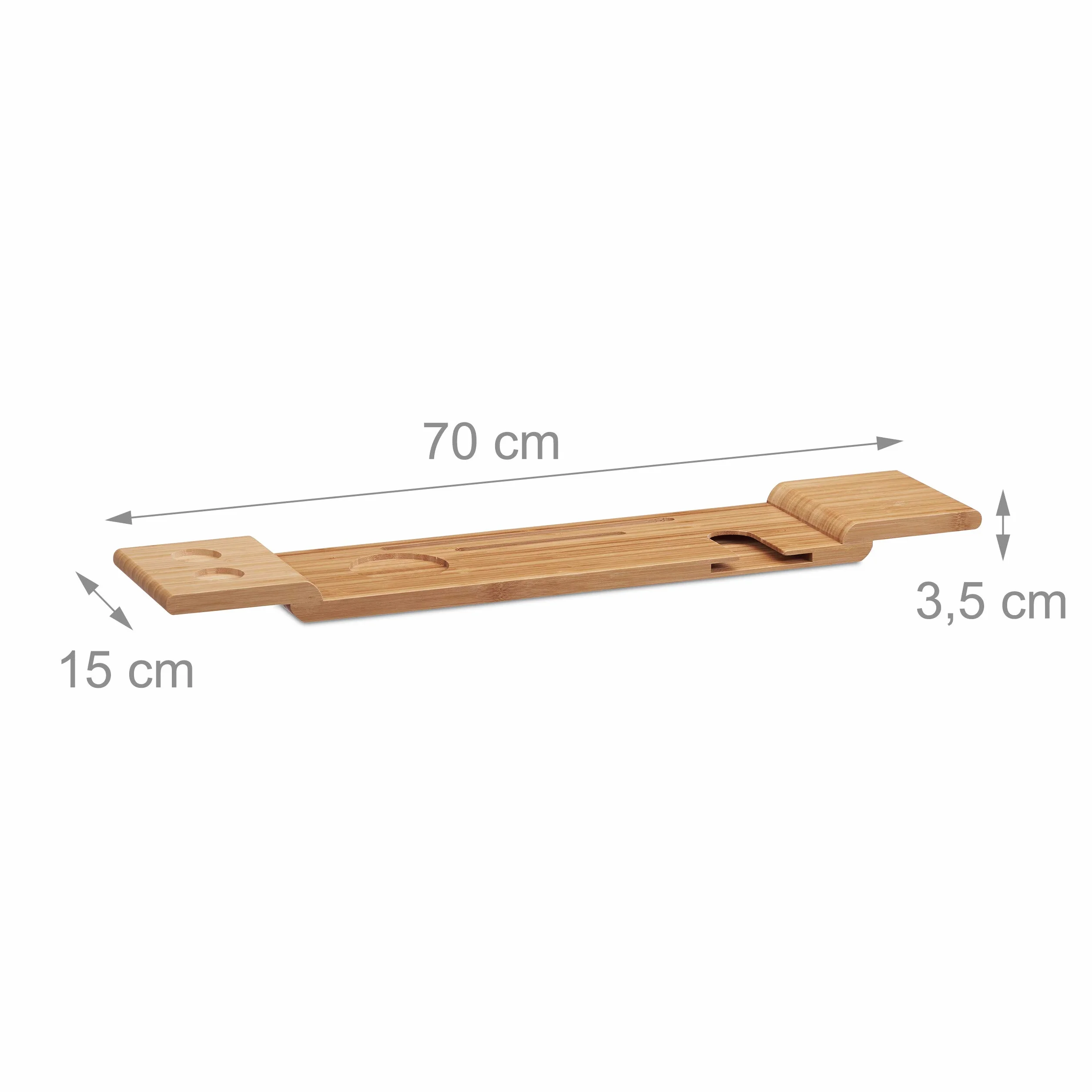Relaxdays Bandeja Bañera de Bambú, 70 cm Ancho, Tabla Baño para Copa, Móvil, Tablet, Repisa Bañarse para Colgar, Natural