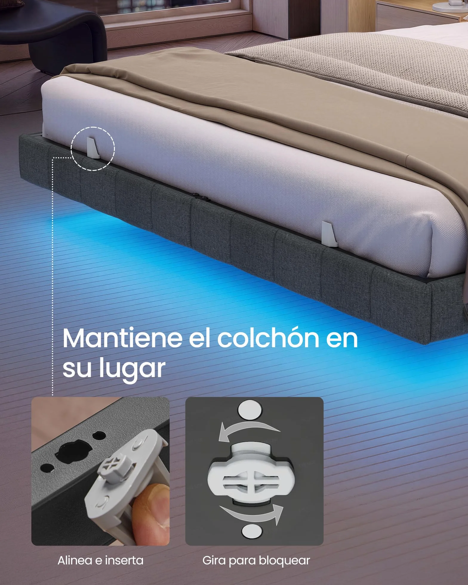 VASAGLE Marco de Cama Flotante, 160 x 200 cm, Bordes Acolchados, LED, 2 Tomas de Corriente, 1 Puerto USB-A, 1 Puerto USB-C, 1 Puerto USB-A Posterior, Carga de 500 kg, Gris Pizarra RMB165G101