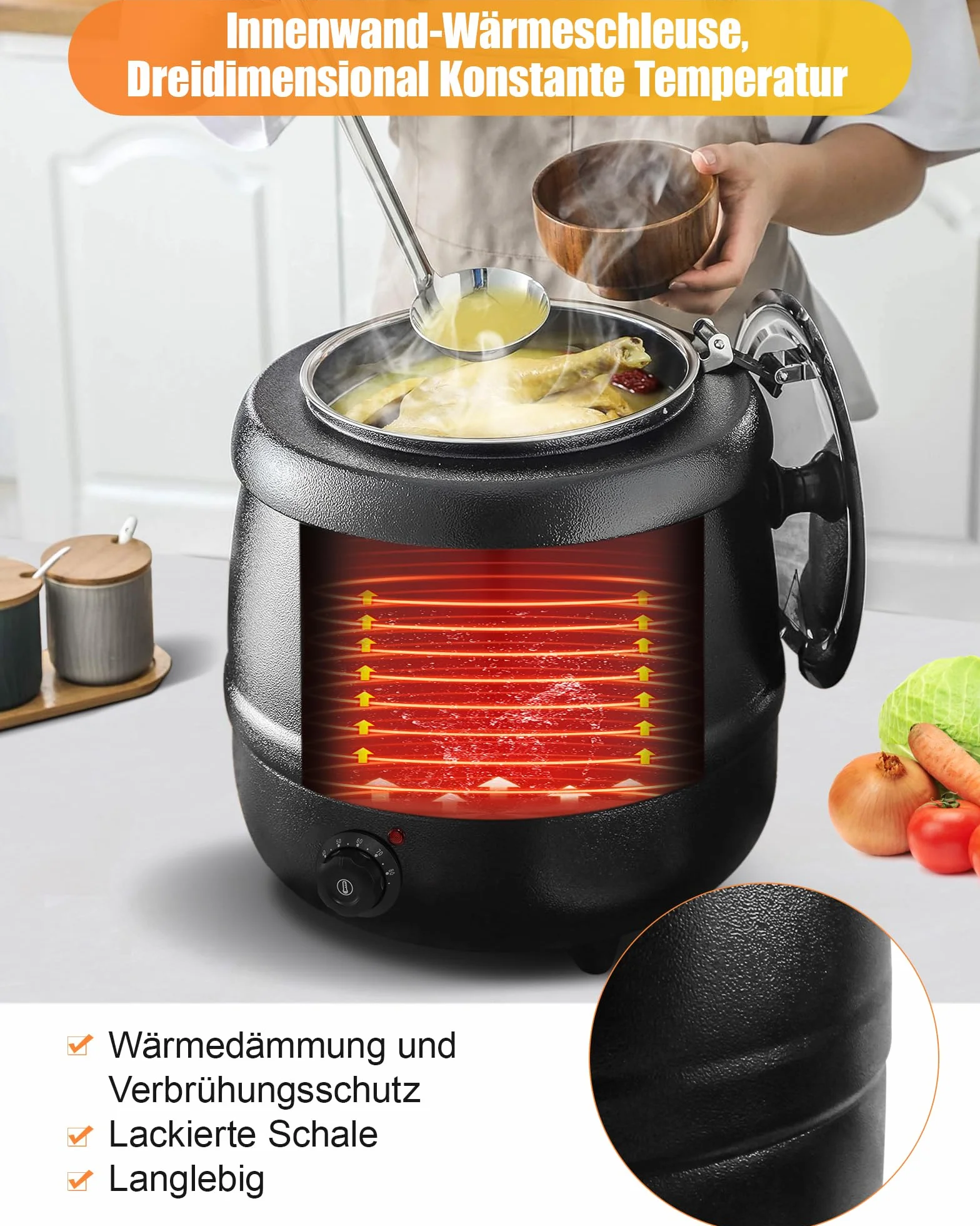 Olla Eléctrica hasta 10L, Hervidor de Sopa con Tapa abatible e Interior extraíble de Acero Inoxidable hasta 80°C para reuniones en casa, Fiestas, restaurantes y cafeterías Calentador de Sopa