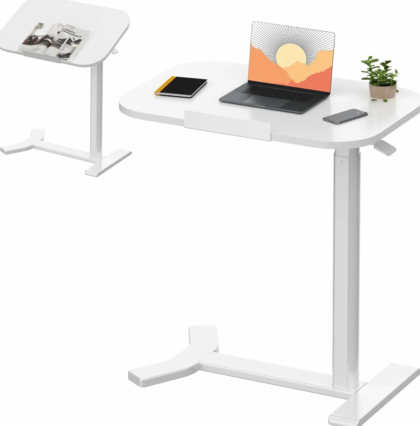 SANODESK Mesa Auxiliar con Ruedas para Ordenador, Altura Ajustable, con Soporte para Bebidas, para Cama y Sofá, Móvil y Multifuncional, Color Blanco