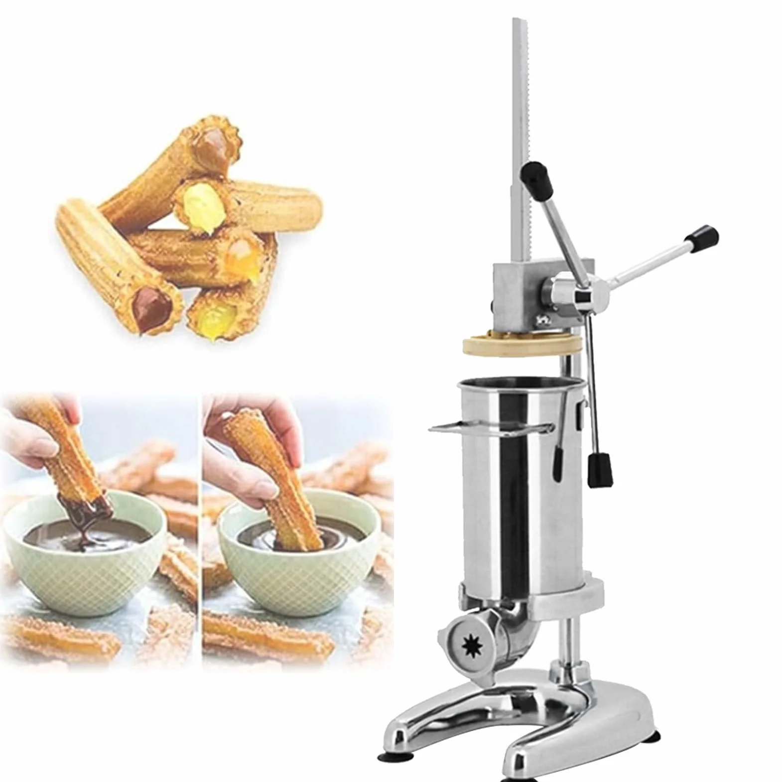 Churro Maker Machine 2L/3L Manual Spanish Donut Churrera con 5 moldes - Equipo vertical de llenado de churros - Máquina comercial de churrera española