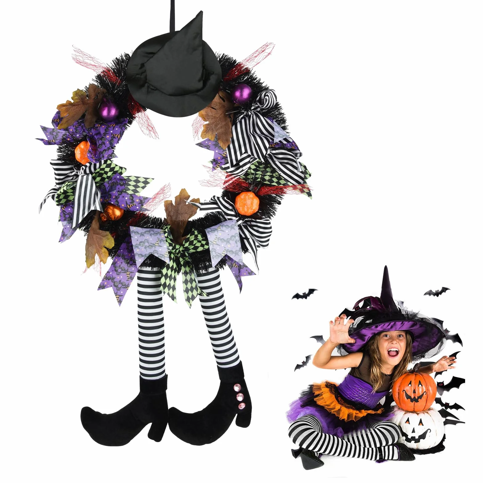 Timiyou Decoración de Corona de Halloween,Hallowee Guirnalda de Bruja, Pierna, Calabaza, Hoja de Arce,Corona De Halloween para Colgar En La Puerta Decoracion para Puerta de Casa, al Aire Libre