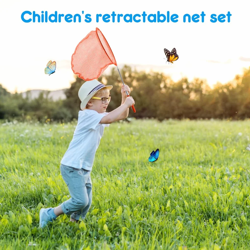 Redes de Mariposa Telescópicas 4 Piezas, Red de Pesca para niños con 2 Cubos Plegables, Cazamariposas para Atrapar Insectos