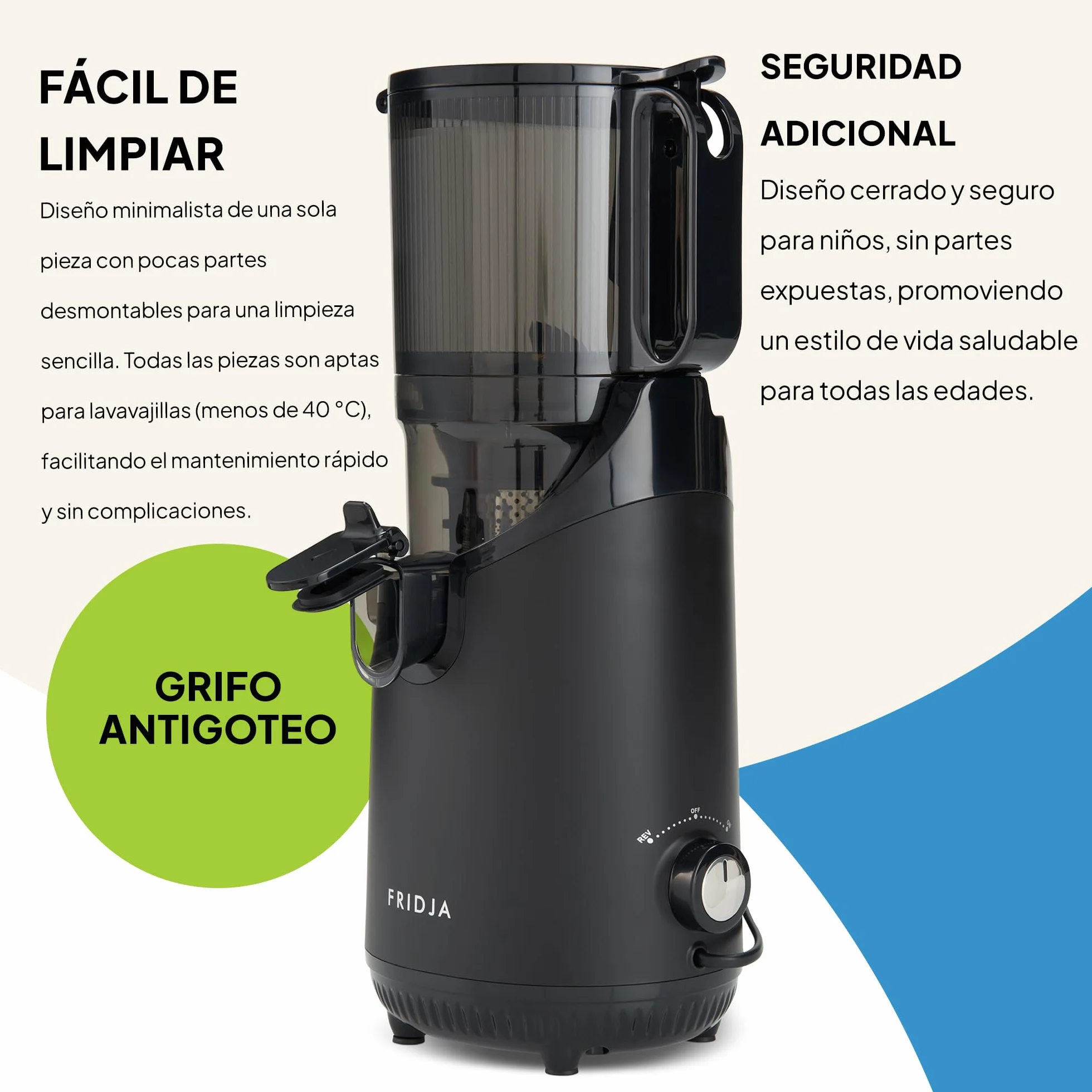 Fridja f2500 Exprimidor Automático de Fruta Entera | Boca de Entrada 135mm | Extractor de Zumo por Prensa Fría 250W | Alto Rendimiento | Fácil Limpieza | Sin BPA | Negro Mate [Clase Energética A++]