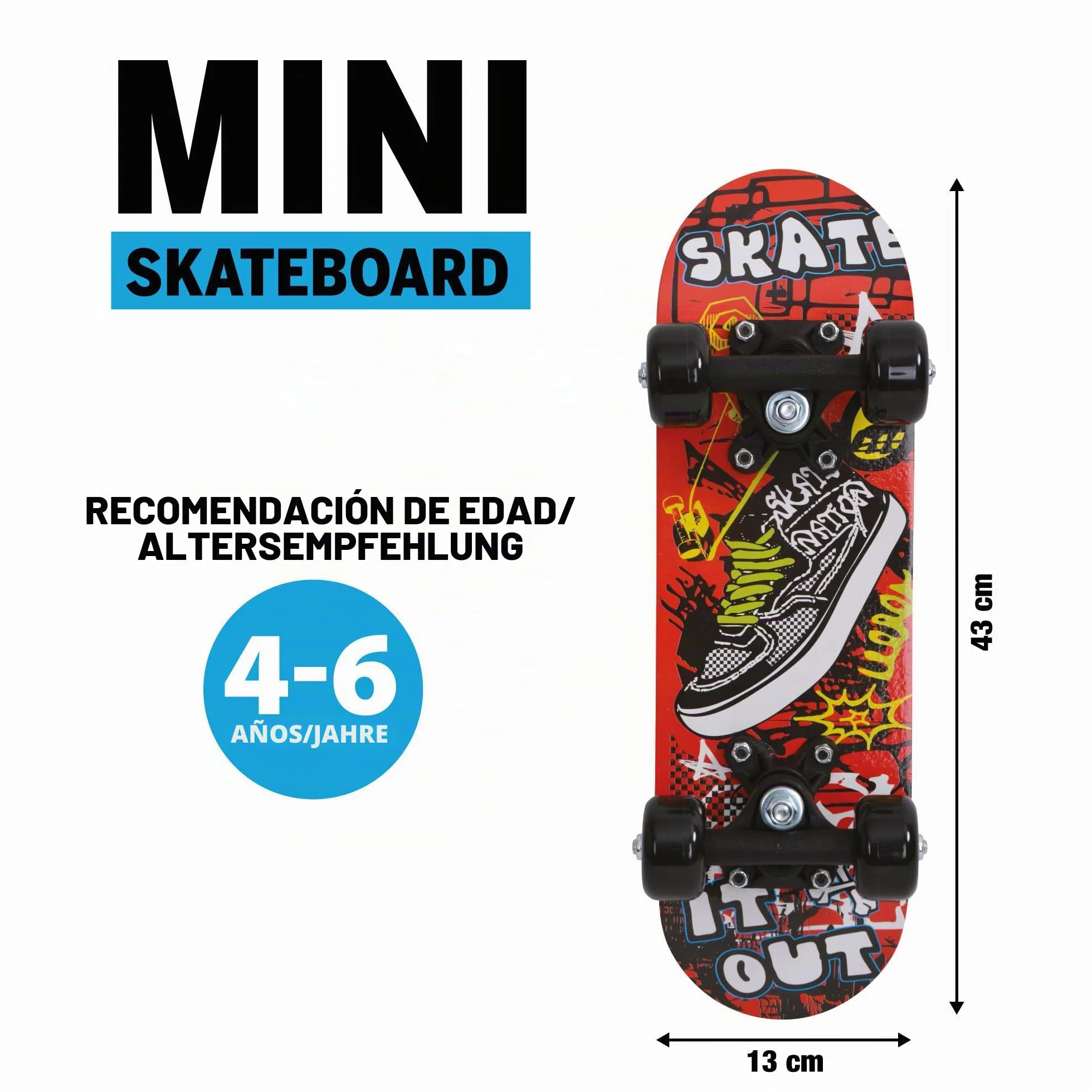 Schildkröt Mini Skateboard 17" Madera para Niños 43x13 cm Ruedas Plástico Antideslizante