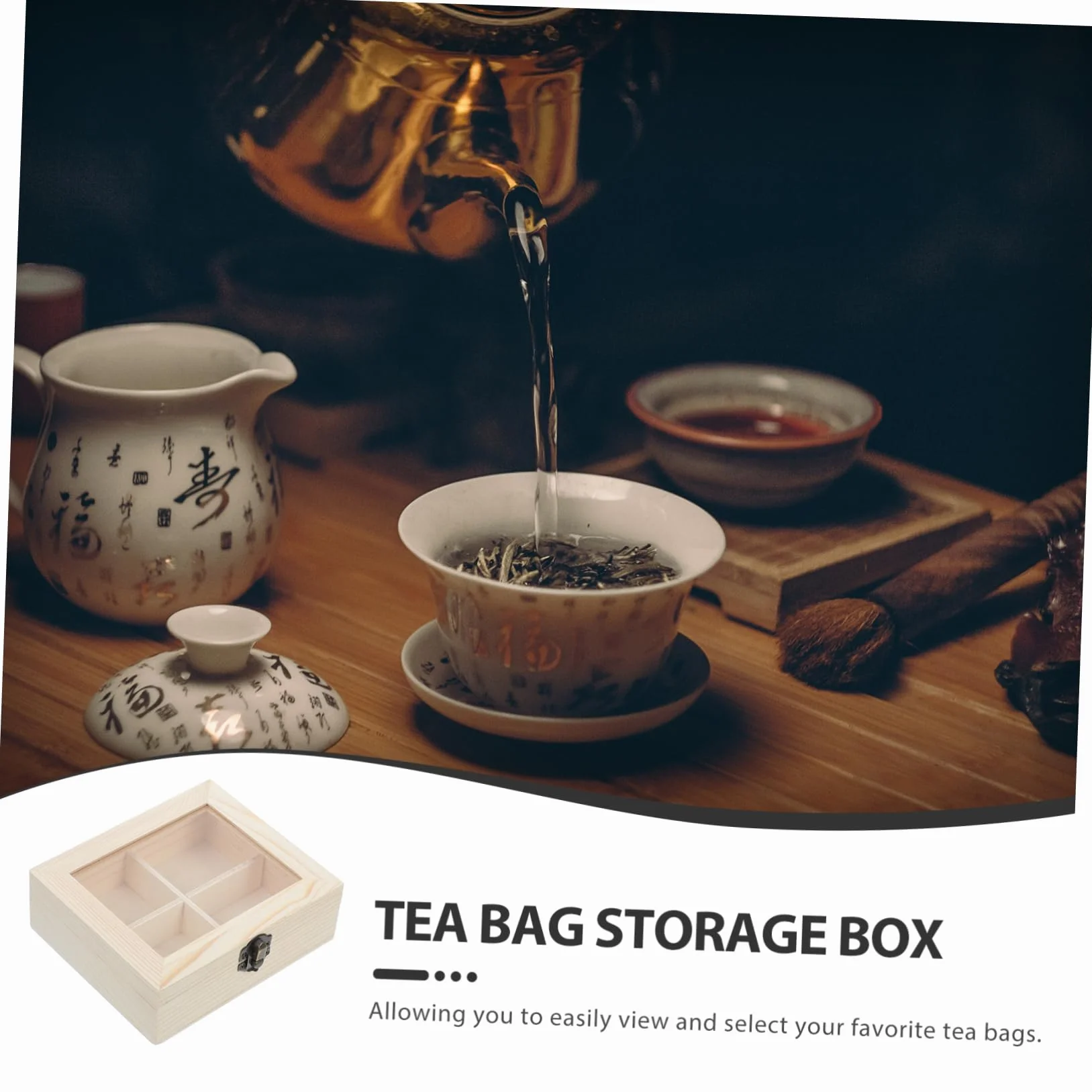 SHOWERORO Caja Organizadora Madera con Ventana Transparente y Cuatro Compartimentos Almacenamiento Multifuncional para Bolsitas Café para Cocina y Oficina