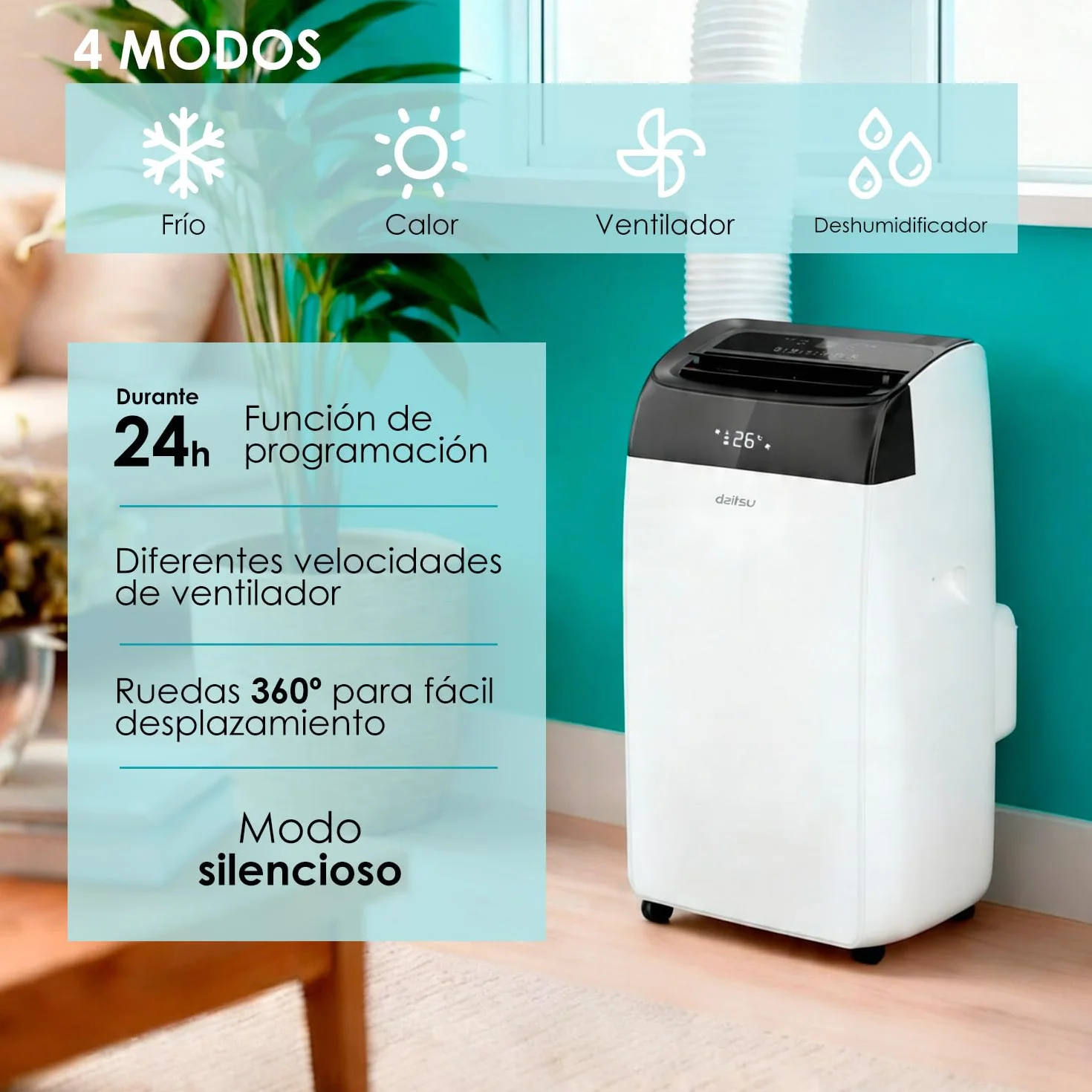 Daitsu - Aire Acondicionado Portátil Frío,Calor, Deshumidificador y Ventilador | 4 en 1 | Alisios Premium APD12FCX | Compacto y Silencioso | Mando a Distancia | Para Hogar u Oficina hasta 30 m²