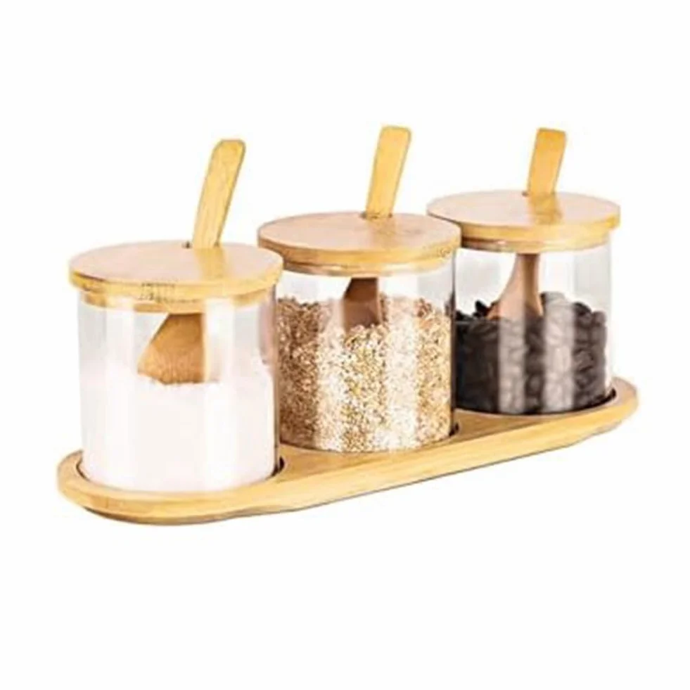 Contenedor de Condimentos de Bambú con Tapa y Cuchara. Juego de Caja para Condimentos, Utilizado para Almacenar Condimentos, Sal y Azúcar.
