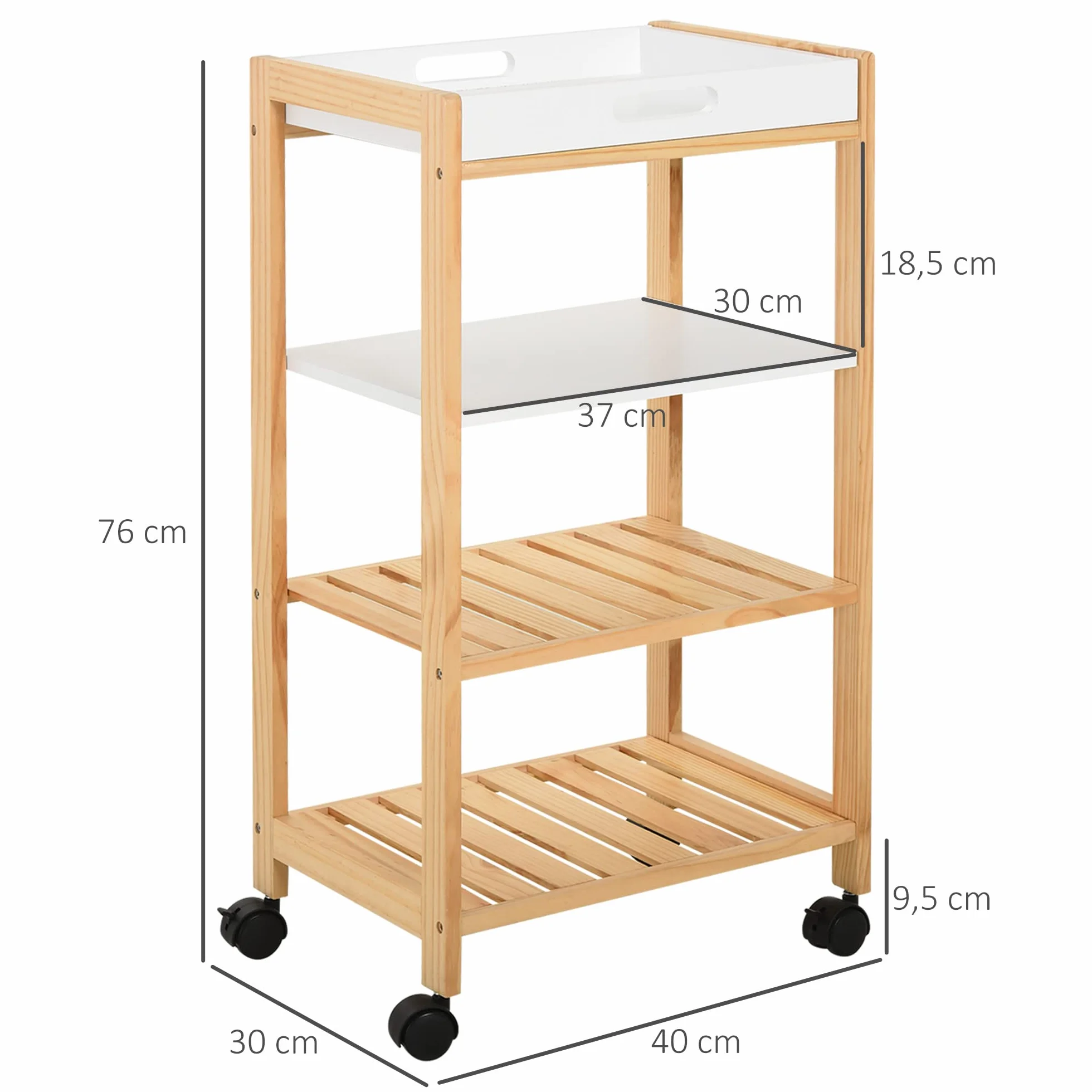HOMCOM Carrito de Cocina Carrito de Servicio Doméstico de 4 Niveles con Una Bandeja Extraíble Estante Ruedas Universales 40x30x76 cm Blanco Madera