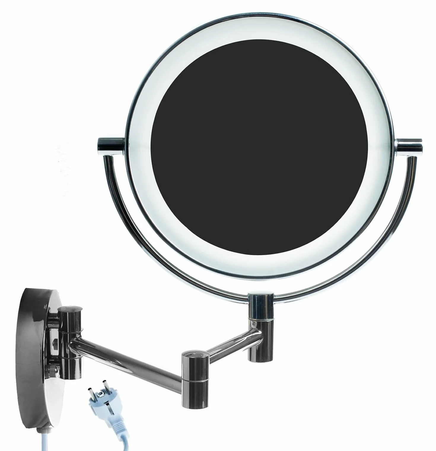 LED Cosmética Espejo 8,5 Pulgadas 7X Aumentos, Maquillar Espejo de Pared con Luz y Brazo Articulado, Plegable Espejos Afeitar Iluminado para Baño de Cara Doble, Metal Real Cromado, KXD3129-7x
