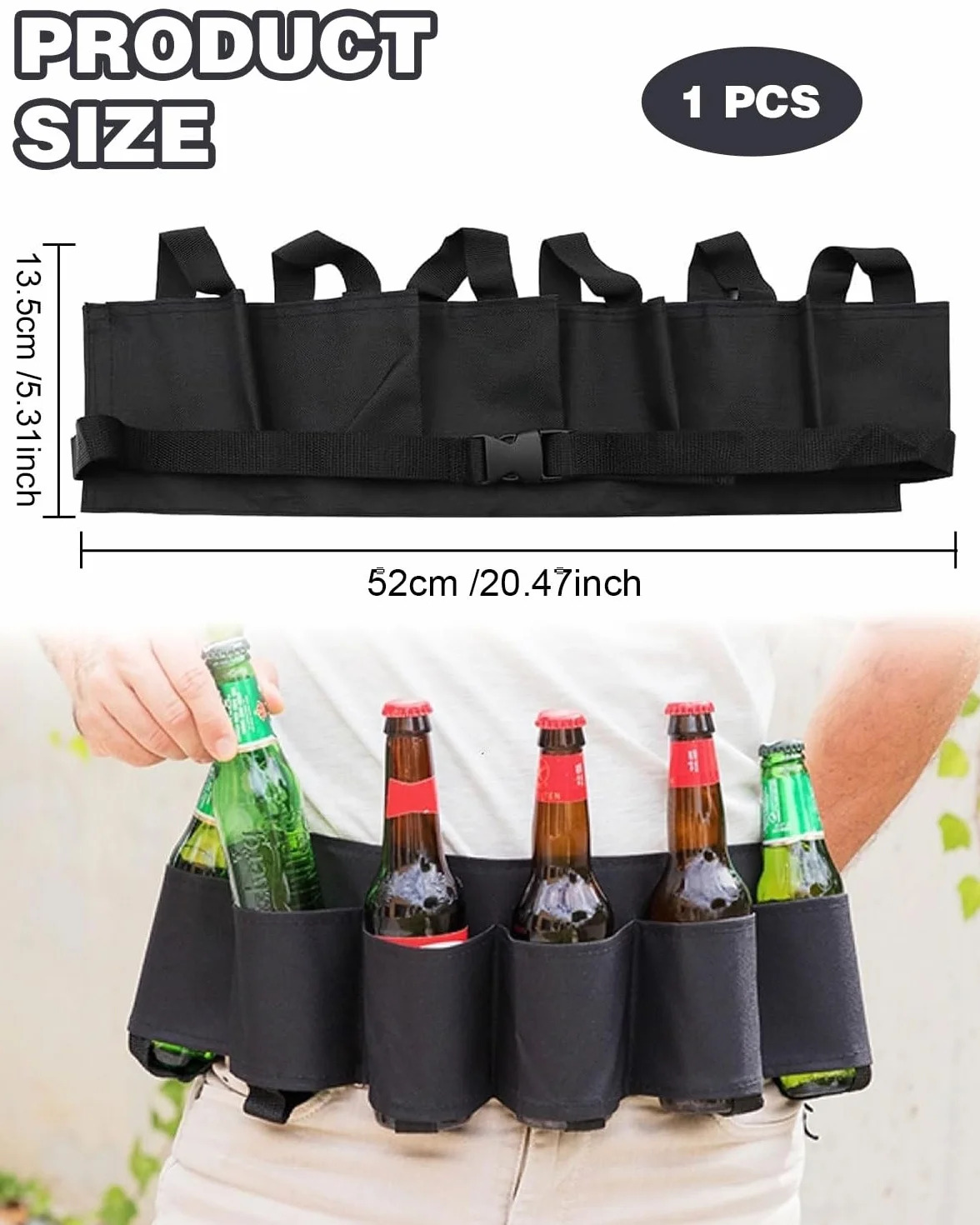 Cinturón Porta Cervezas con 6 Portavasos Nylon, para Fiestas Camping Viajes Barbacoa Negro