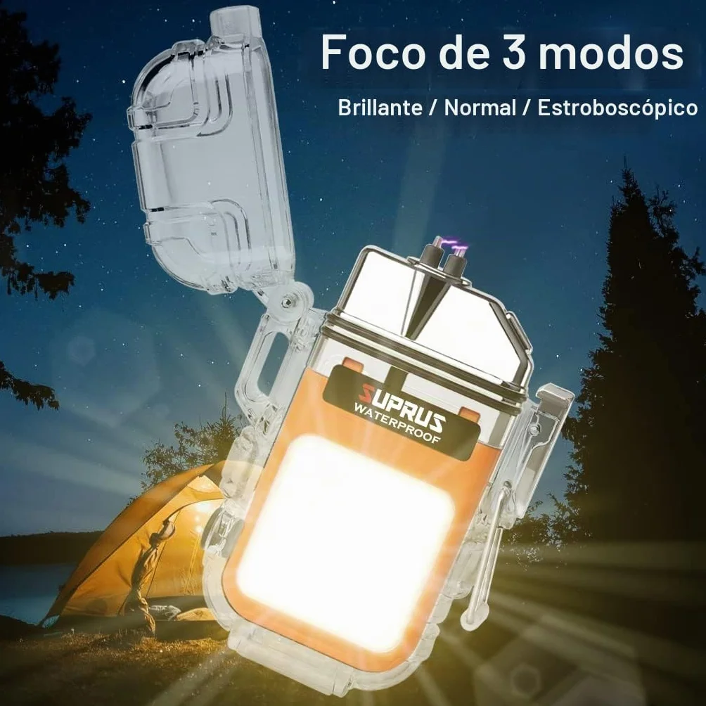 SUPRUS Encendedor de plasma recargable impermeable resistente al viento doble arco con silbato de emergencia naranja