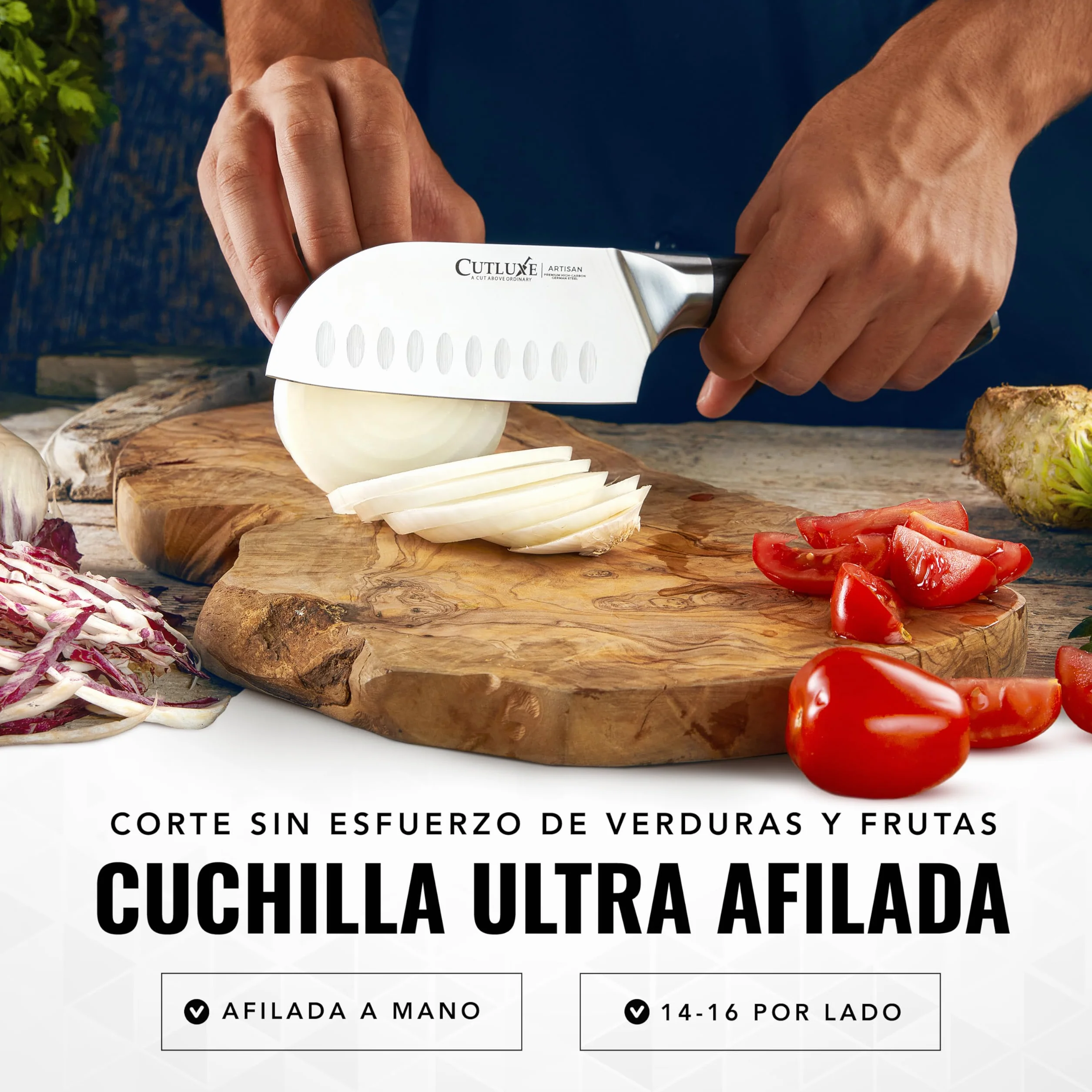 Cutluxe Cuchillo Santoku – 13 cm Cuchillo Cocina Profesional Multipropósito – Acero alemán forjado de alto carbono – Filo afilado como navaja – Mango ergonómico – Serie Artesanal