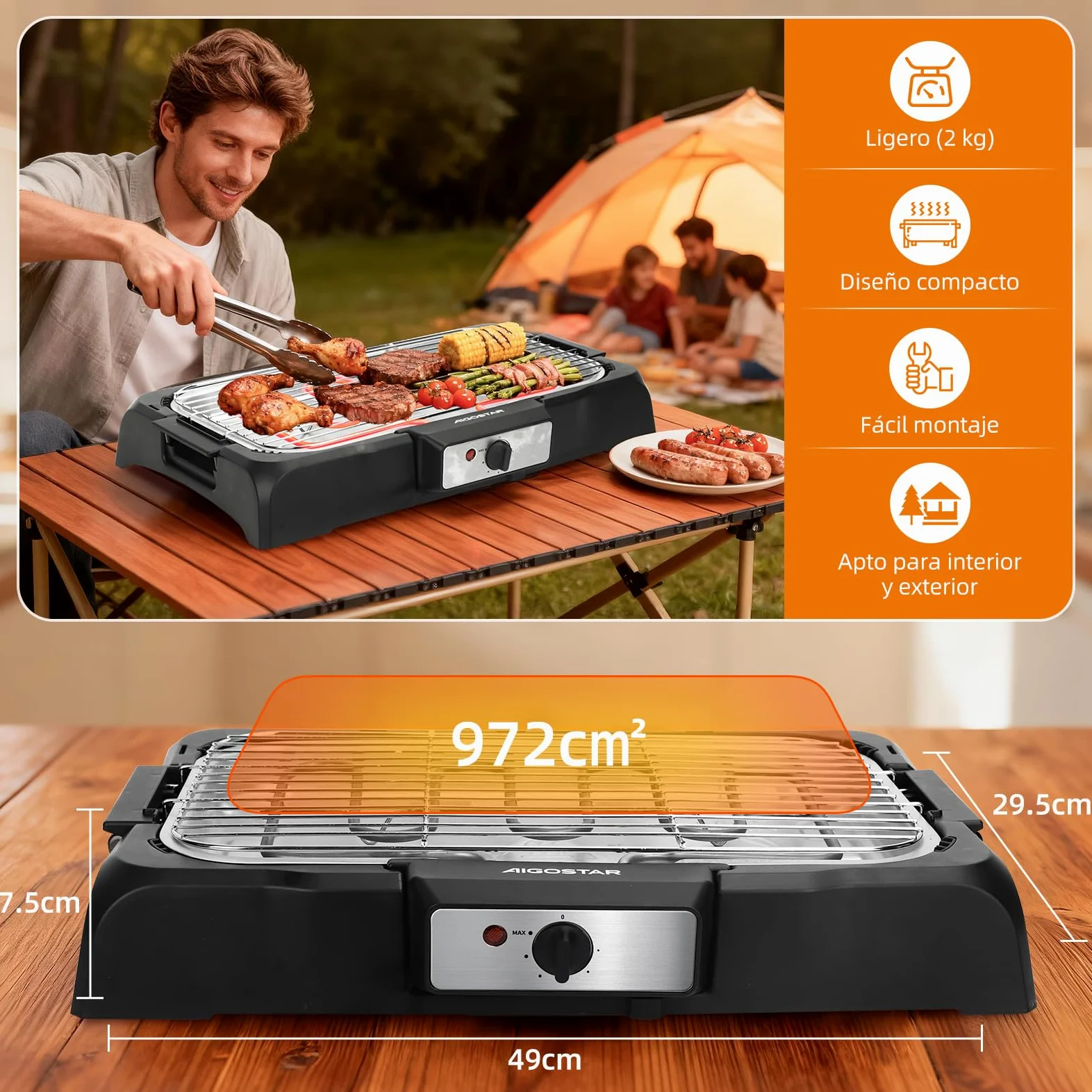 Aigostar Barbacoa electrica portatil, 2000 W, resitencia extraíble, Negro | Parrilla Inoxidable y Altura Ajustable a 2 Niveles, indicador luminoso, bandeja antigoteo, Tasty