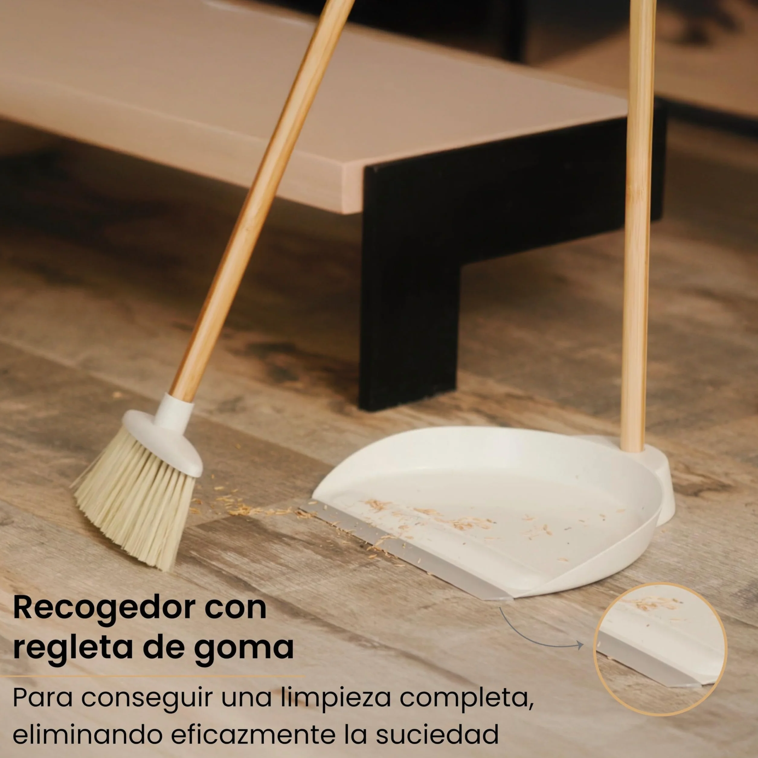 Vigar Zeroline Escoba y Recogedor Mini Desmontable Sistema Clic, Mango Bambú Natural con Regleta Goma, Cepillo Barrer Broom and Dustpan Set Compacto para Limpieza Hogar Cocina Interior, Gris