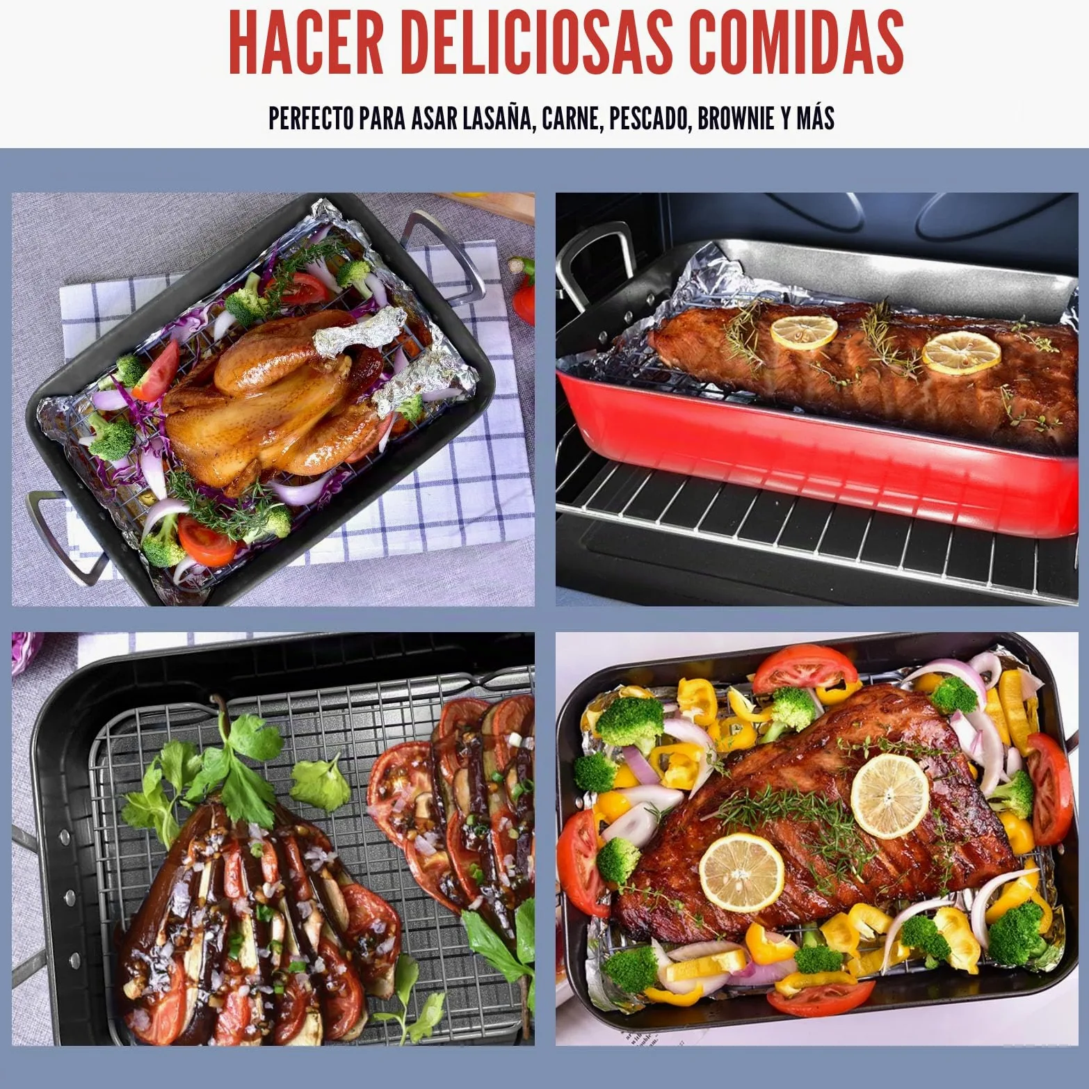 Bandeja De Acero Al Carbono Sartén Rectangular Con Mango Rejilla De Enfriamiento Tema Navidad Para Asar Pavo Pollo Bife Carne Verduras Pasta Etc Roja 44.5cm