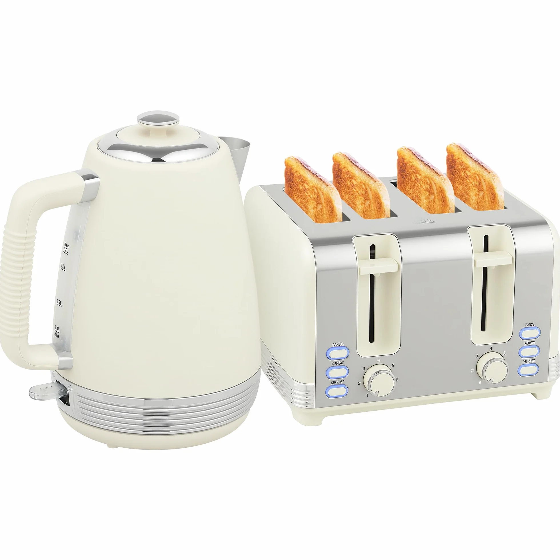 HOMCOM Hervidor tostador Set de desayuno con tostador de 4 rebanadas, hervidor de 1,7 litros, 2200 W, 7 niveles de tostado, bandeja recogemigas, descongelación, recalentamiento y termostato Strix,