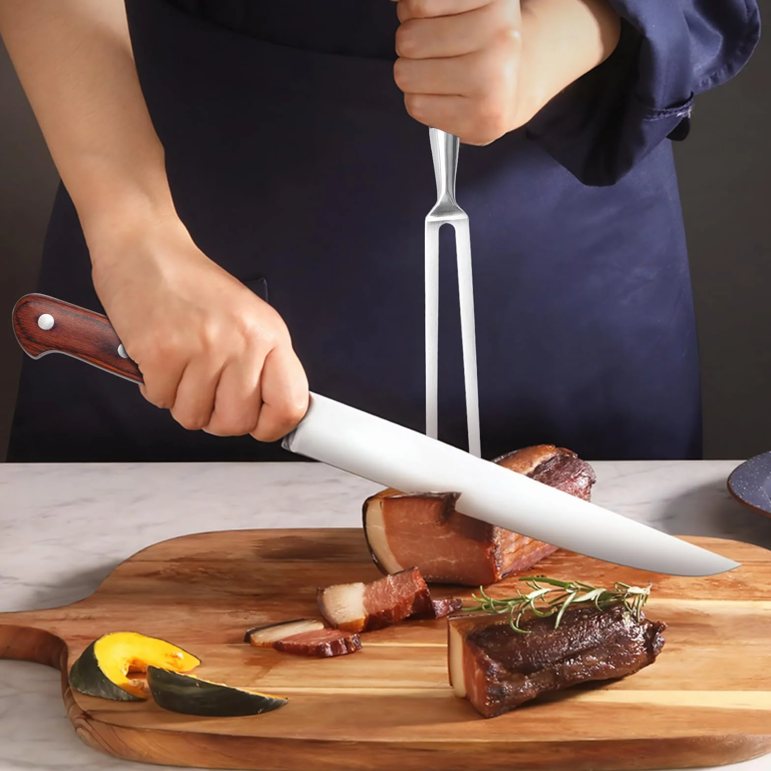 Set 2 Utensilios Barbacoa, Utensilios para Barbacoa de Acero Inoxidable, Cuchillo de trinchar y tenedor de 2 piezas, Mango de Madera 100% natural, Cuchillo para Carne y Tenedor para Carne