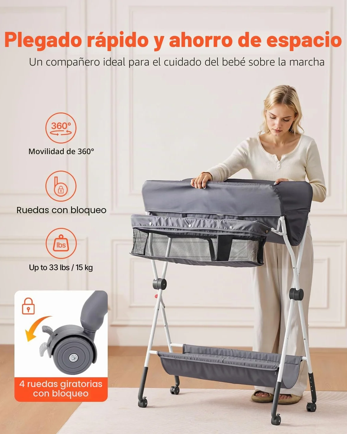 VEVOR Cambiador para Bebé Plegable Portátil 848 x 745 x (1030-1090) mm con Cesta Lateral Ruedas Bloqueables Gris Oscuro