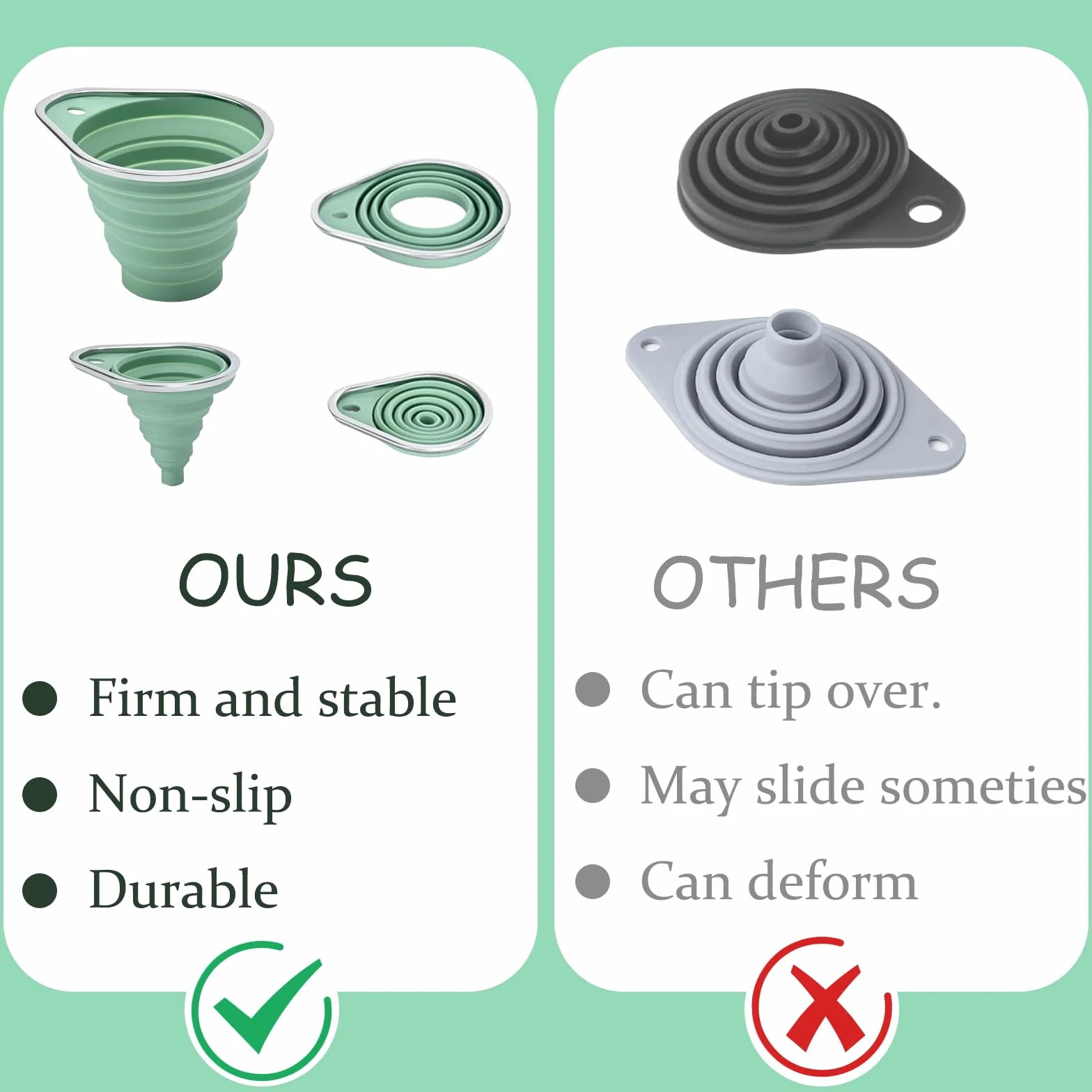 Embudos de Cocina de Silicona, 2 Piezas Embudo para Mermelada Plegables con Borde de Acero Inoxidable, Incluye Embudo Grande y Pequeño para Rellenar Botellas, Conservas e Ingredientes Secos y Líquidos