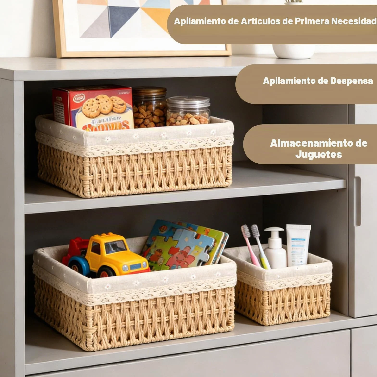 Cestas Tejidas de Almacenamiento con Forro Desmontable, Cesta de Juguetes y Baño, Beige L+M+S