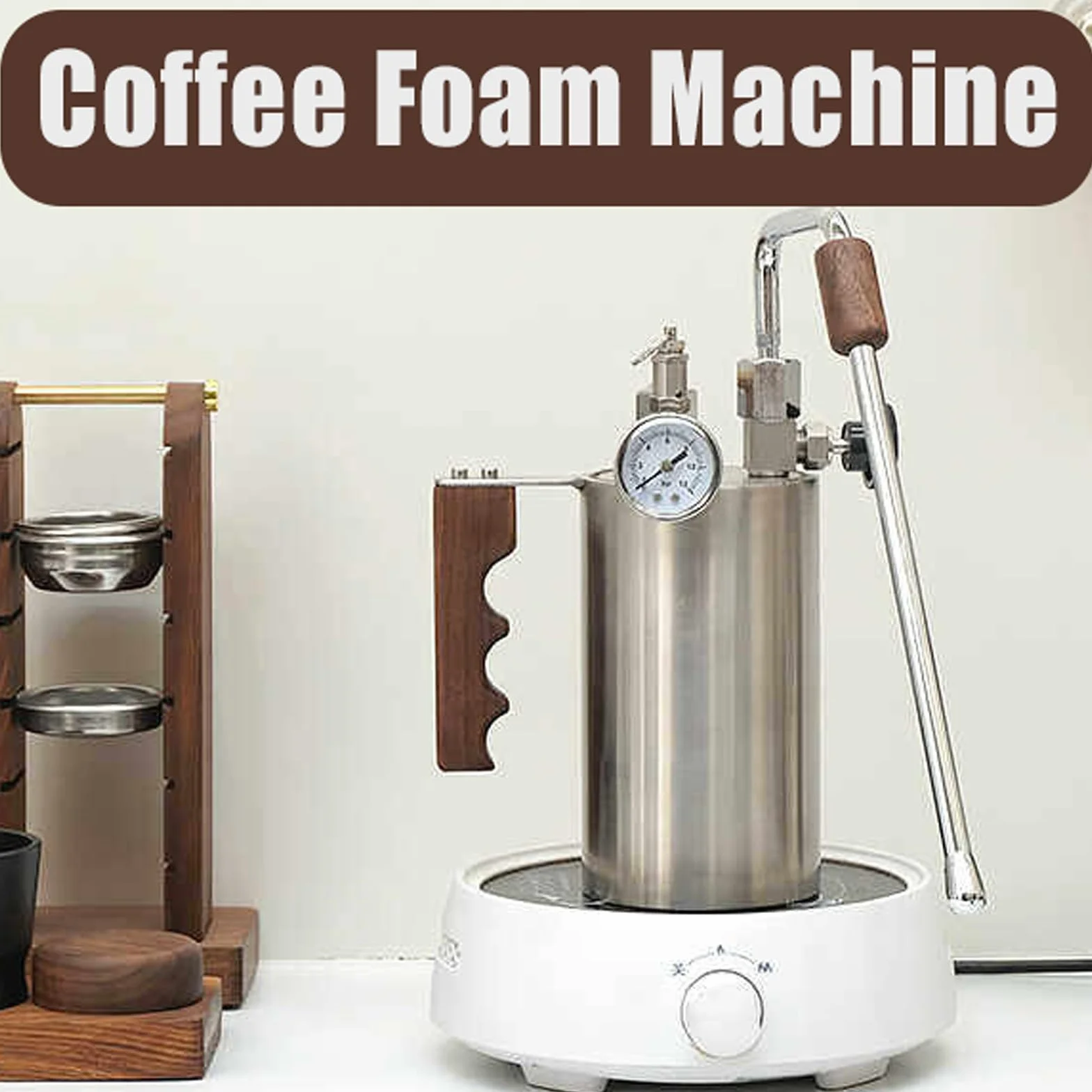 Espumador de leche comercial con manómetro de presión de aire y mango de madera, capacidad de 100-500 ml, para preparación de café con leche, capuchino y chocolate caliente