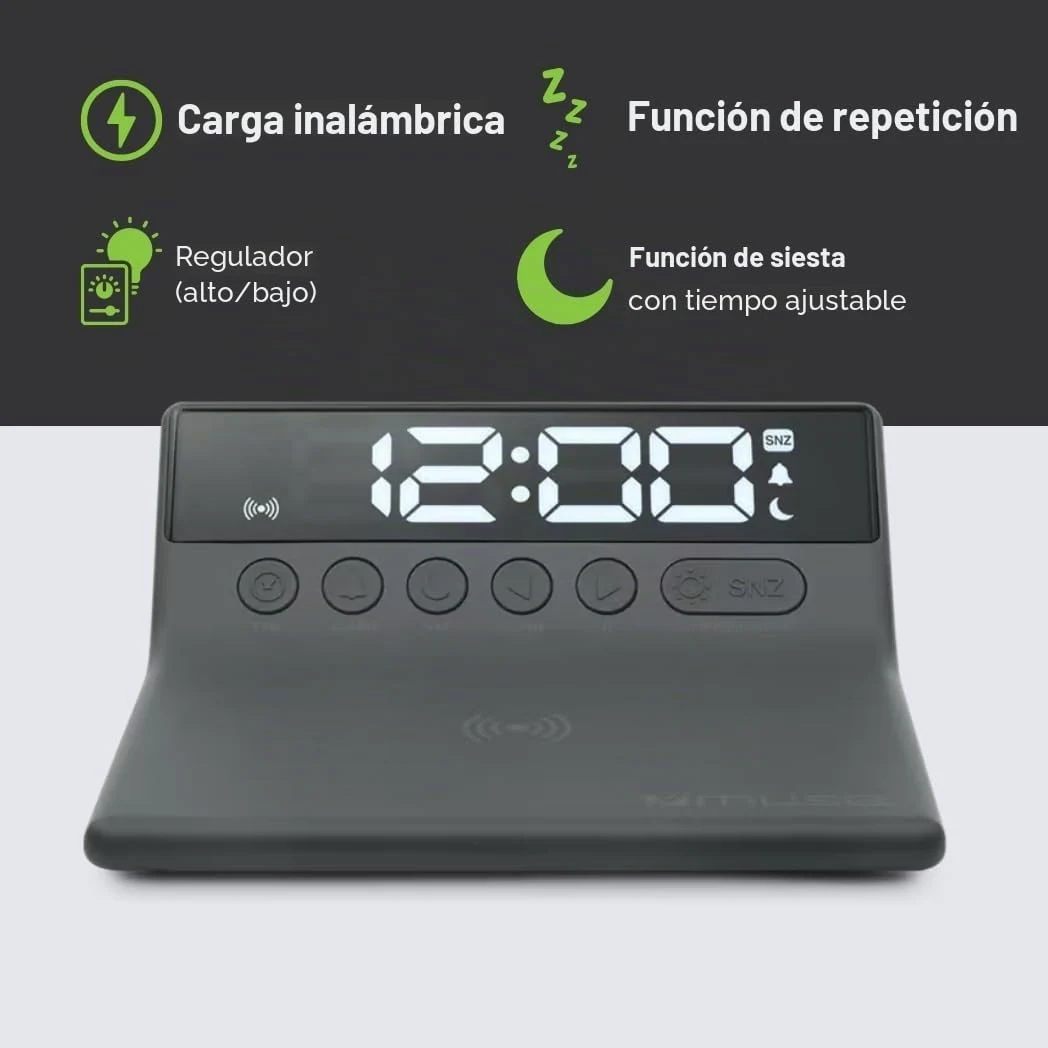 Muse M-168WI / Reloj + Cargador DE INDUCCIÓN. Reloj Digital con Display Grande. Alarma, Carga por inducción, Funcion Siesta, dimer y Snooze. Color Negro