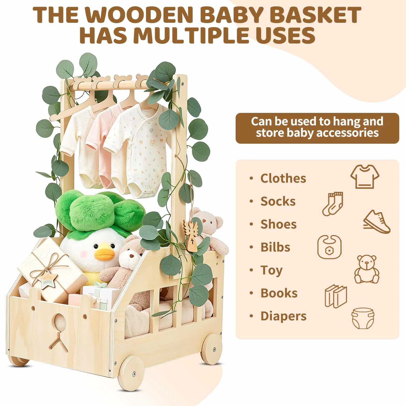 Cesta de Madera para Bebé con Perchero y Ruedas, Canastilla Baby Shower, Diseño Osito, Color Natural