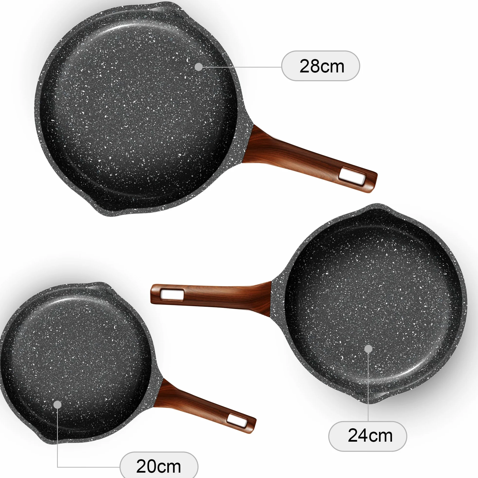 RIOVARM Inducción Juego de sartenes Antiadherente Batería de cocina 20 cm 24 cm 28 cm Granito Sartén para tortillas sin PFOA Mármol Sartenes con mango resistente al calor para varias estufas