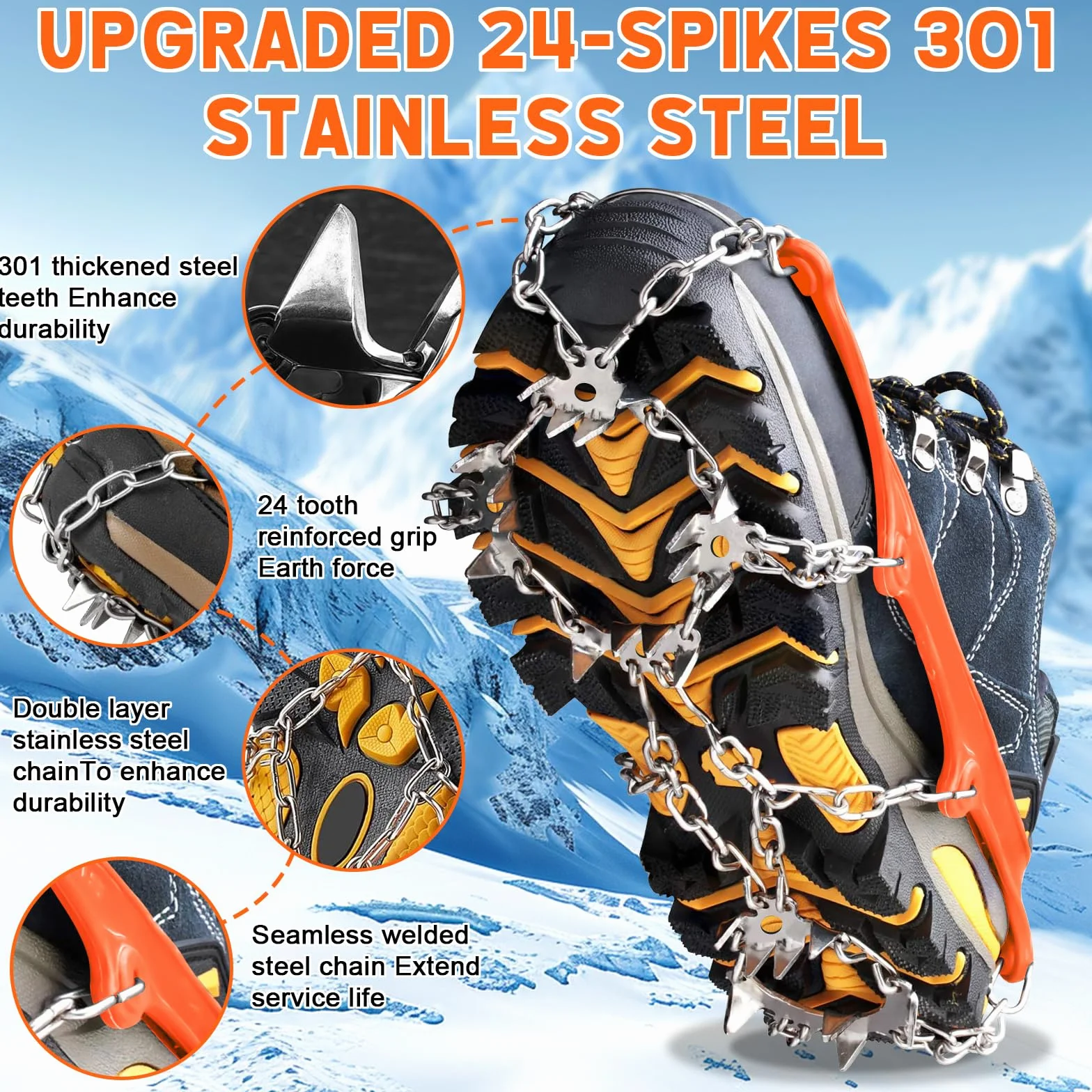 Crampones para Botas de Senderismo 24 Dientes Tacos de Hielo Inoxidable Engrosadas Garras de Zapatos de Acero Tracción Antideslizante
