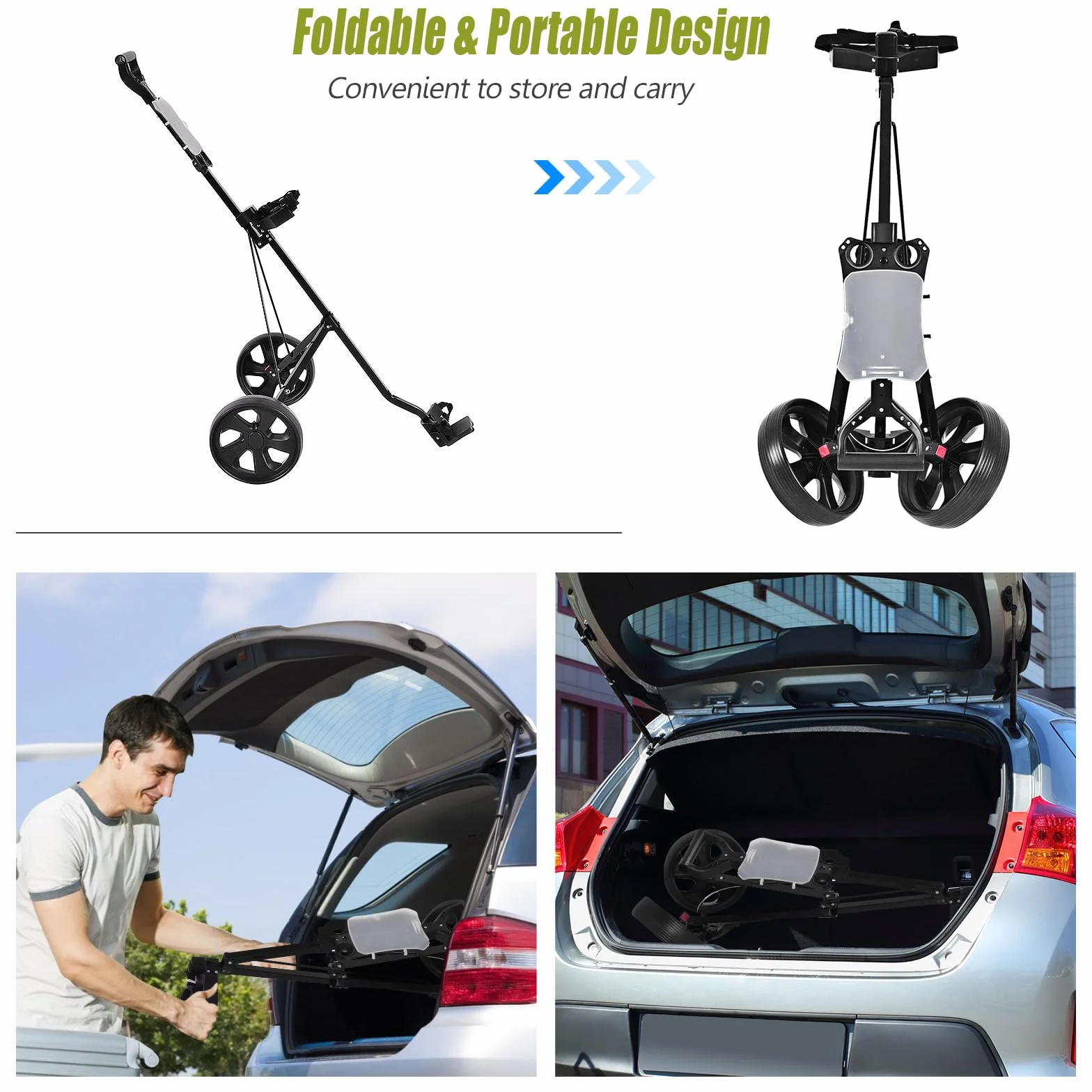 LIFEZEAL Carro de Golf Plegable con 2 Ruedas, Marcador, Correa Ajustable y Freno de pie