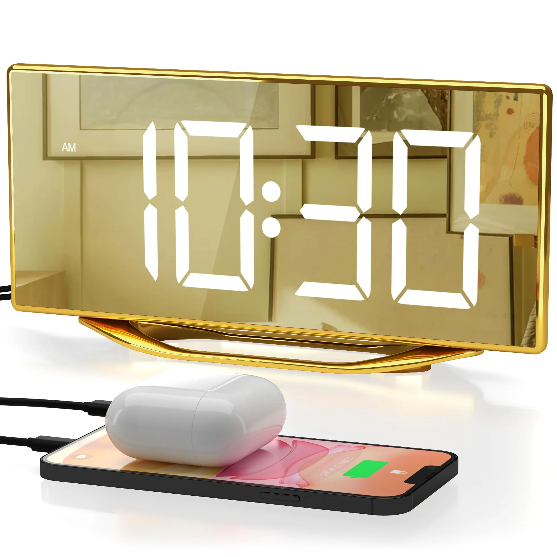 Reloj despertador para dormitorio, moderno reloj digital para sala de estar, reloj despertador LED de 8.7 pulgadas con 2 cargadores USB, repetición, 12/24 horas, 7 reguladores ajustables y volumen