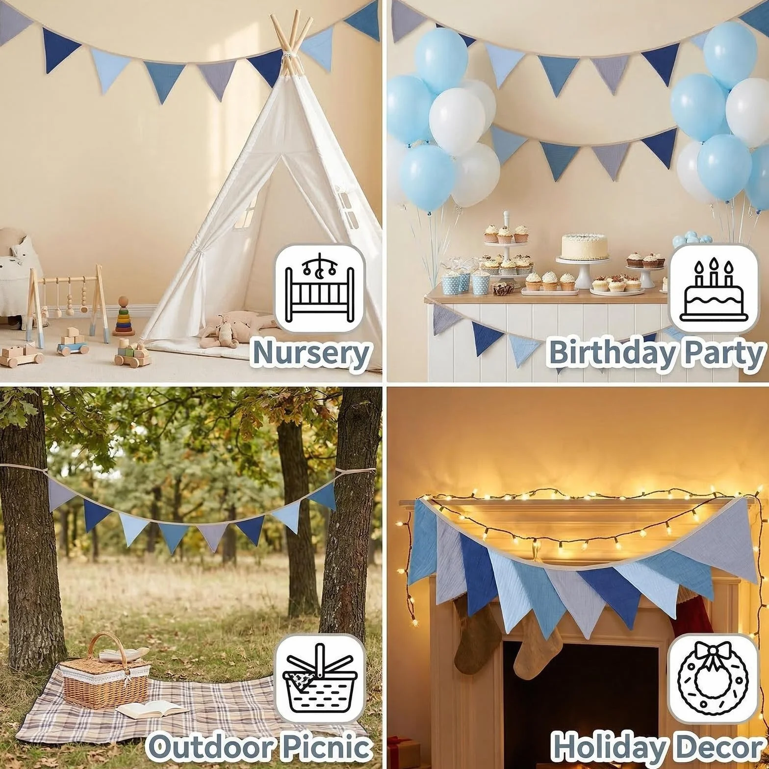 Guirnalda de banderín de algodón suave, guirnalda de banderines de gasa para decoración de habitación infantil, cama de casa y pared de fiesta, ideal como regalo perfecto (azul)