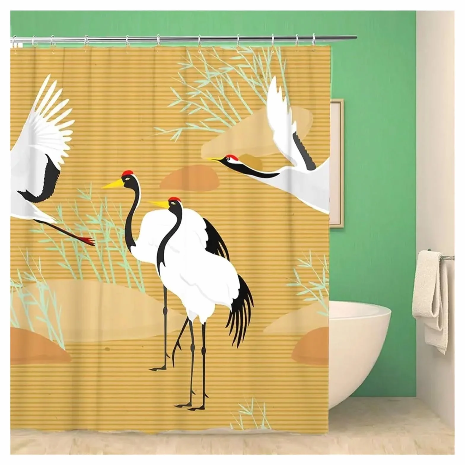 Cortina de Ducha con diseño Tradicional de pinos y grullas Volando, Arte paisajístico, Cortinas de Ducha Impermeables for baño, Ganchos(Color-01,W240xH180cm)